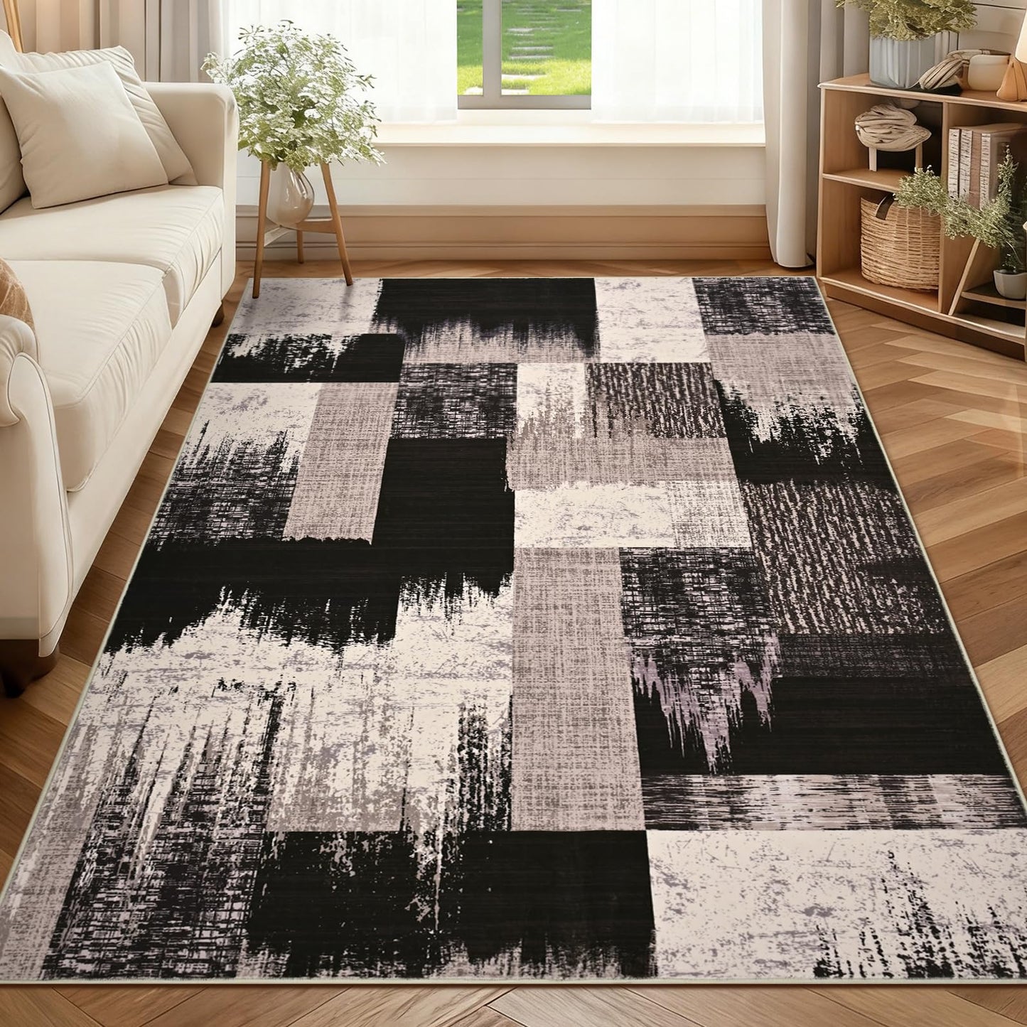 Yinhua Modern Geometric 5x8 Area Rug, Patchwork Brown Rugs for Living Room Washable Abstract Area Rug Non Slip, Low Pile Bedroom Rugs Stain Resistant, Mid Century Carpet for Dining Room, Office