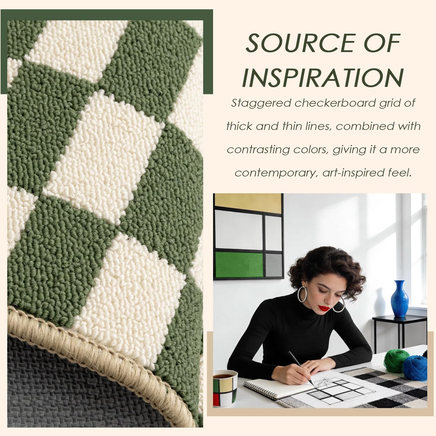 hicorfe Checkered Grid Checkerboard Kitchen Rugs,Set of 2 Non Slip Kitchen Mats for Floor,Washable Kitchen Runner Rugs Carpets for Hallways Entryway Laundry Room(20"x48"+21"x59",Green)