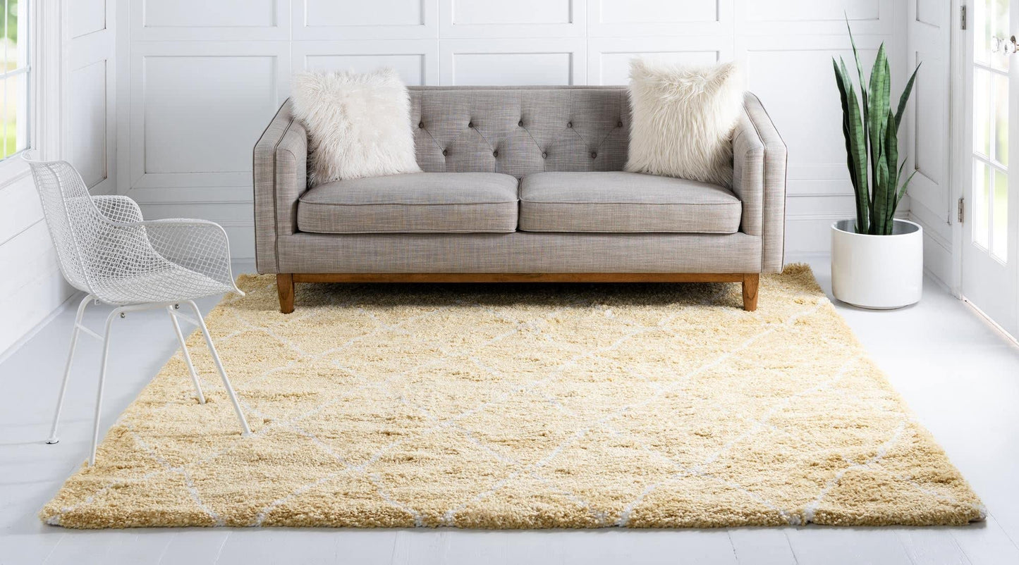 Rugs.com Moroccan Shag Collection Rug – 8' Square Yellow Shag Rug Perfect for Living Rooms, Kitchens, Entryways