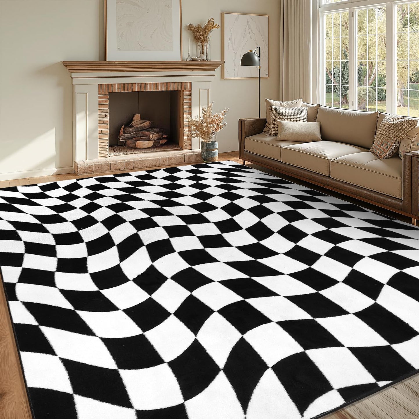 Yamaziot 8x10 Large Checkered Area Rug, Non-Slip Soft Washable Living Room Rug with Rubber Backing, Low Pile Rug Floor Carpet for Dinning Room, Bedroom, Black