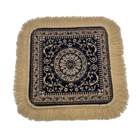 Moin Carpets Soft Chenille Prayer Mat | 1.5x1.5 Feet Traditional Mandala Floral Pooja Aasan with Golden Fringes | Multipurpose Rug for Meditation, Yoga, Puja Room & Home (Pack of 2, Navy Blue)