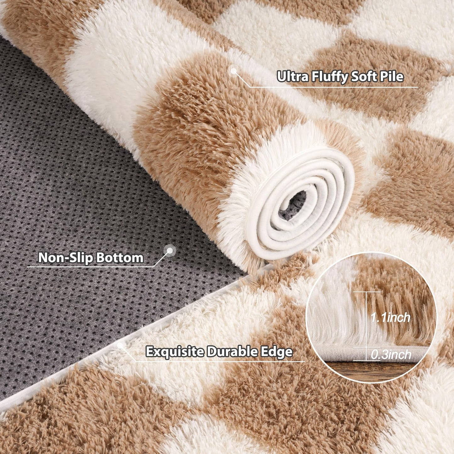 Pionblank 8x10 Area Rugs for Living Room, Fluffy Plush Checkered Rug for Bedroom, Shag Non Slip Soft Furry Large Carpet for Kids Room Nursery Home Decor, Beige and Cream White