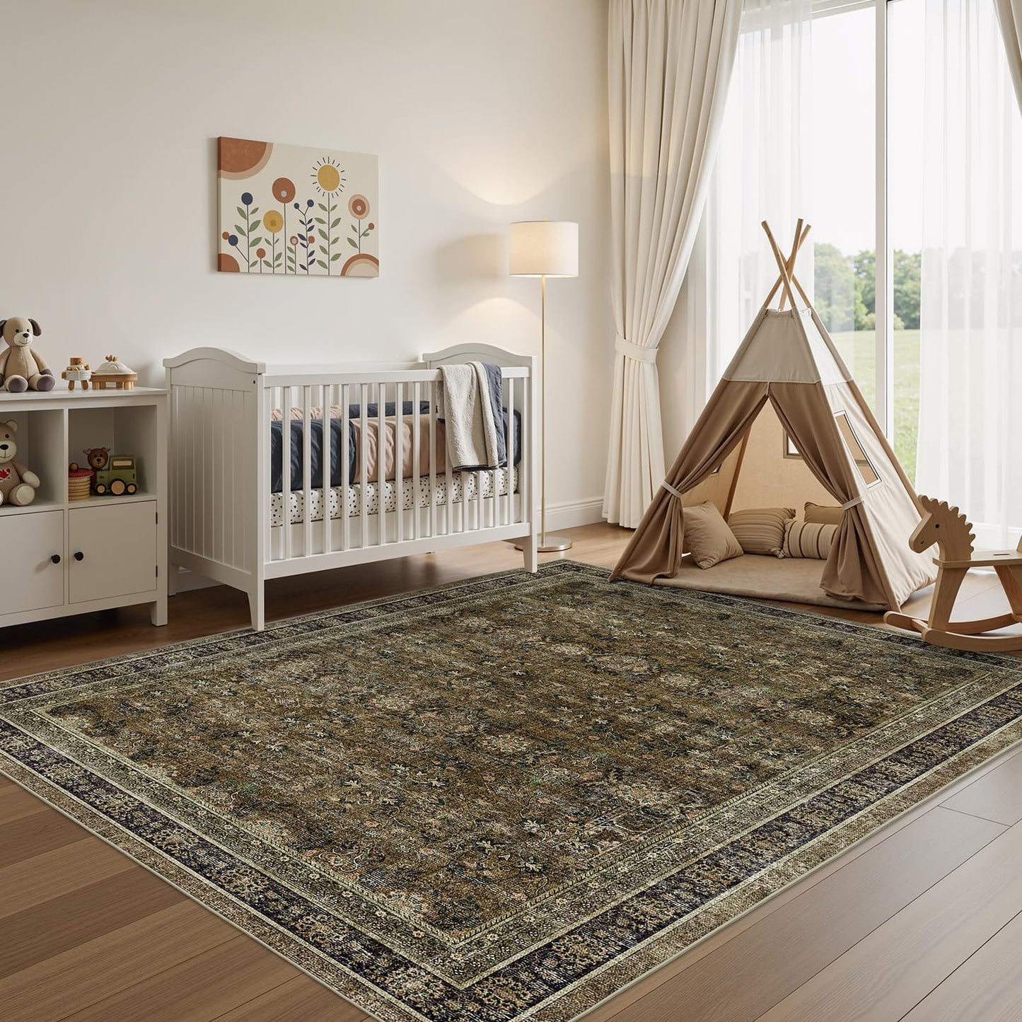 WITSHOCK 7x9 Area Rugs for Living Room: Boho Modern Dark Vintage Traditional Distressed, Washable Low Pile Non-Slip Carpet for Dining Room Bedroom Nursery Kids Playroom, Brown Olive Green