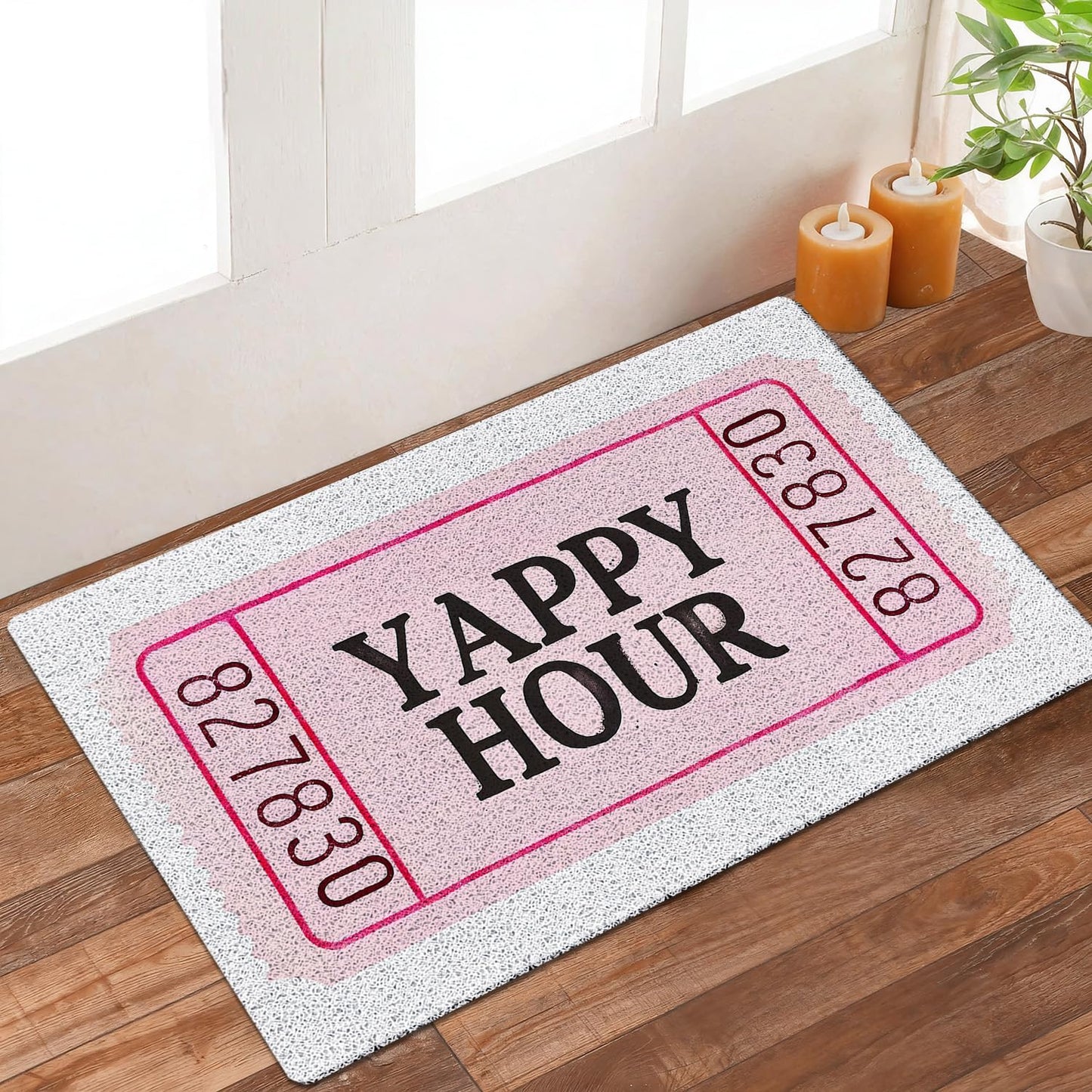 KBRCT Trendy Retro Pink Bar Door Mat Outdoor Indoor Entrance Entryway, Pink Happy Hour Ticket Doormat Home Bar Kitchen Lounge Club Patio Pub, Girly Welcome Mats for Front Door, 17x30 Inch