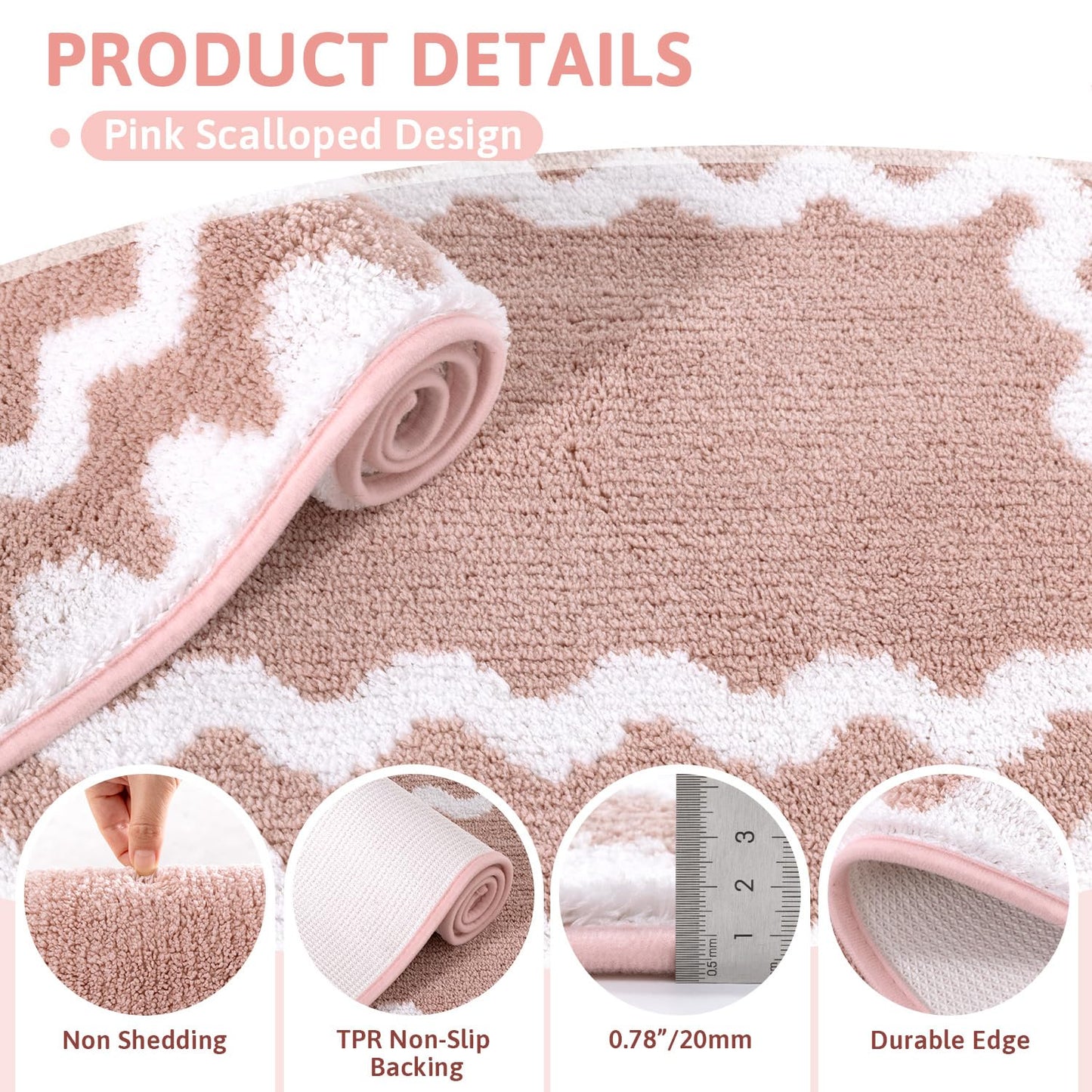 Findosom Bathroom Rugs Sets 5 Piece, Absorbent Soft Non-Slip Washable Microfiber Shaggy Bath Mat Set with Bathroom Runner Rug, U-Shaped Toilet Rugs, Shower Rug & Toilet Lid Cover, Pink-White