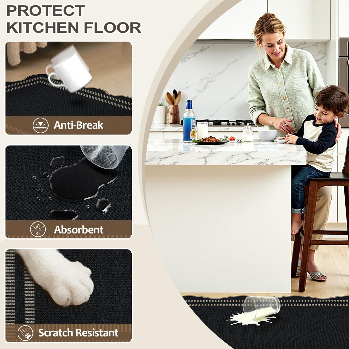Leccod Kitchen Rugs Non Slip Washable, 17.3"x30" Cushioned Scalloped Rug Kitchen Mats for Floor, Absorbent Imitation Linen Braided Standing Mat for Sink Laundry Kitchen Decor