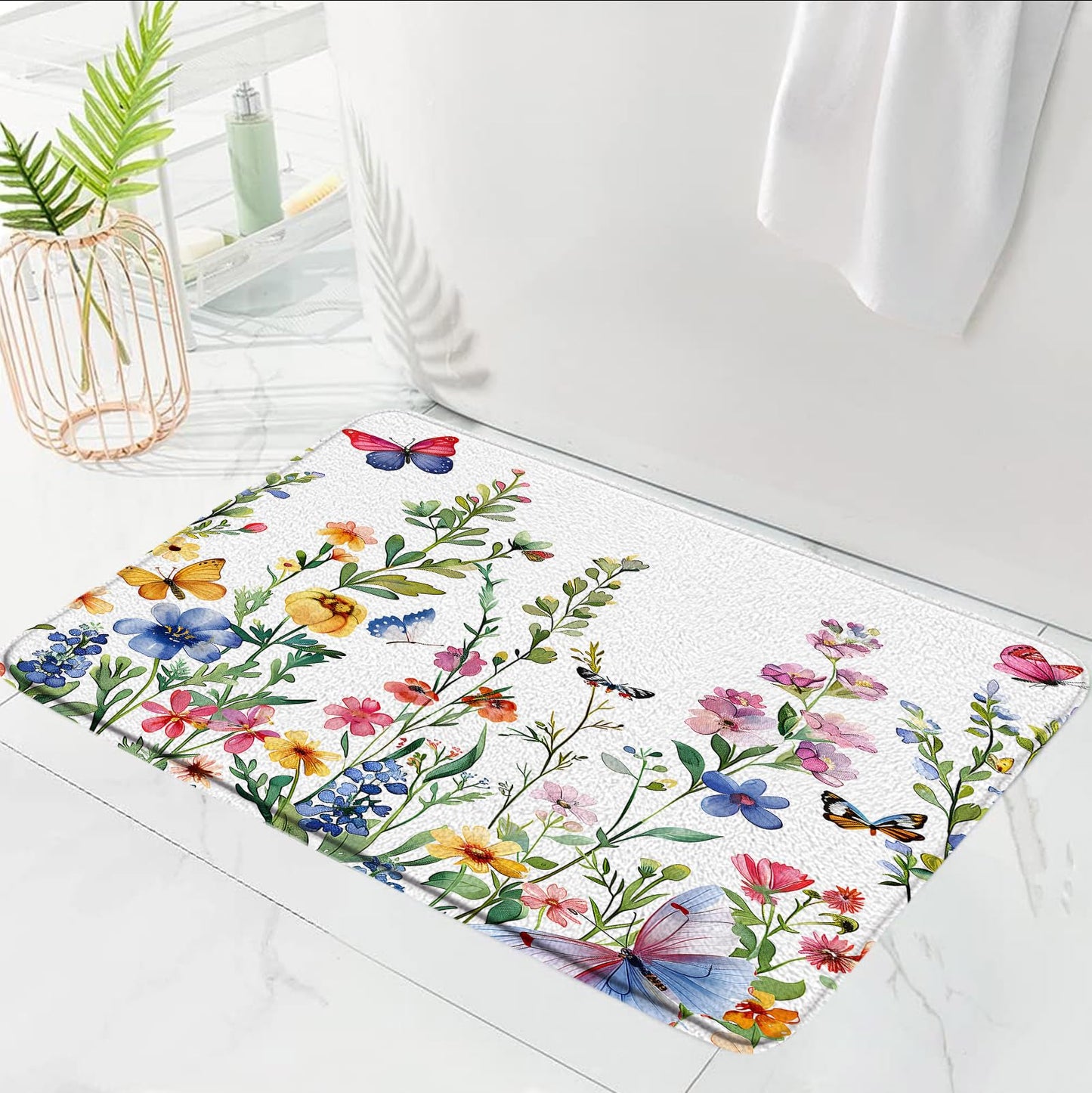 CCXTCZ Floral Plant Bath Mat Flower Butterfly Watercolor Wildflower Botanical Boho Leaves Nature Colorful Rustic Spring Bathroom Kitchen Rugs,17.8x29.5 Inch