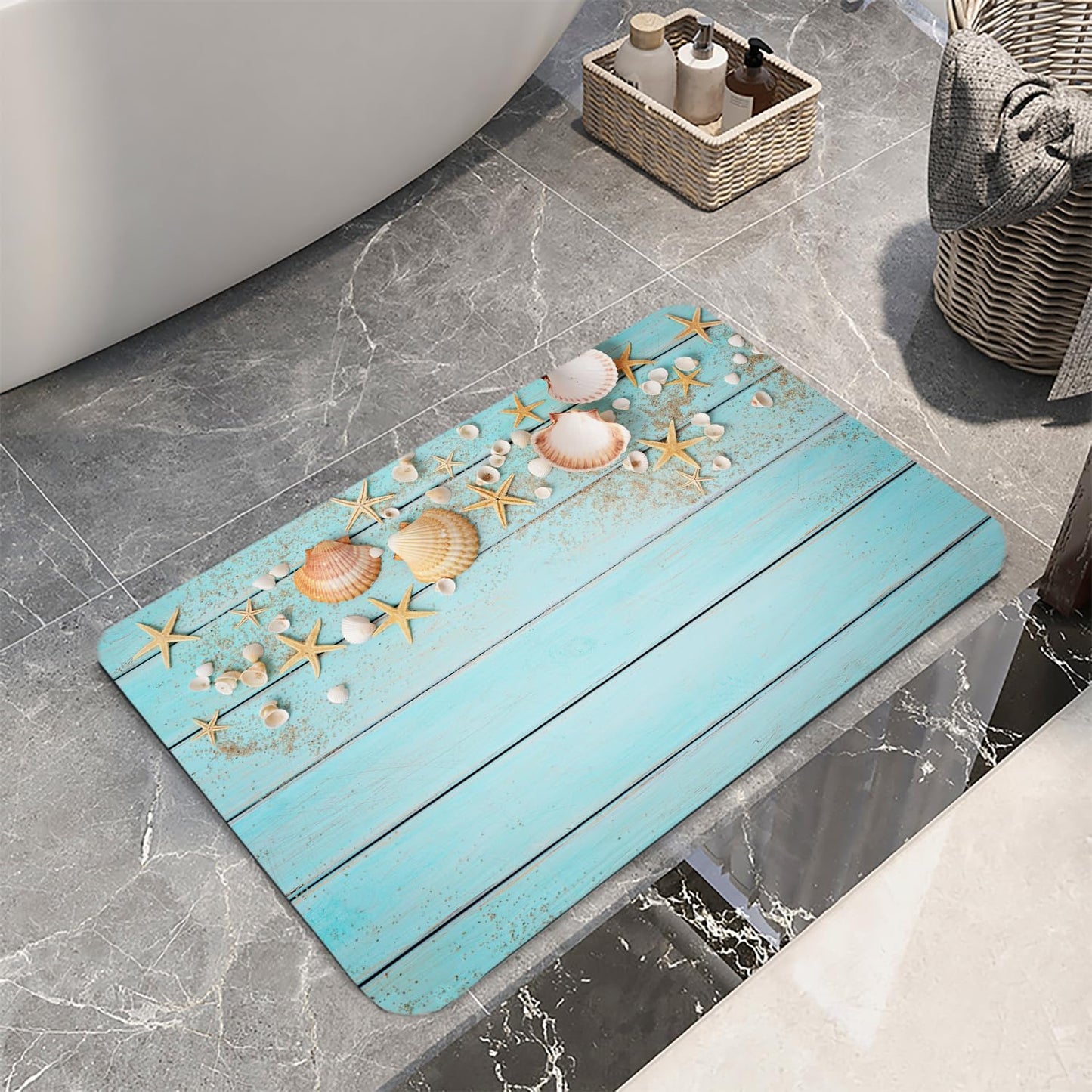LYFANS Memory Foam Bath Mat, Non Slip Absorbent Flannel Bathroom Rug, 18" x 30", Soft Washable Shower Floor Mat with Coastal Seashell, Decorative Bath Rugs for Bathroom, Kitchen, Entryway, Bedroom