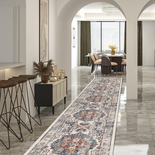 Hallway Washable Runner Rug - 2'6x14 Kitchen Rugs Entryway Rug Runner Vintage Soft Floor Mat Non Slip Indoor Farmhouse Carpet for Bathroom Living Room Bedroom (2'6''x14', Brick)
