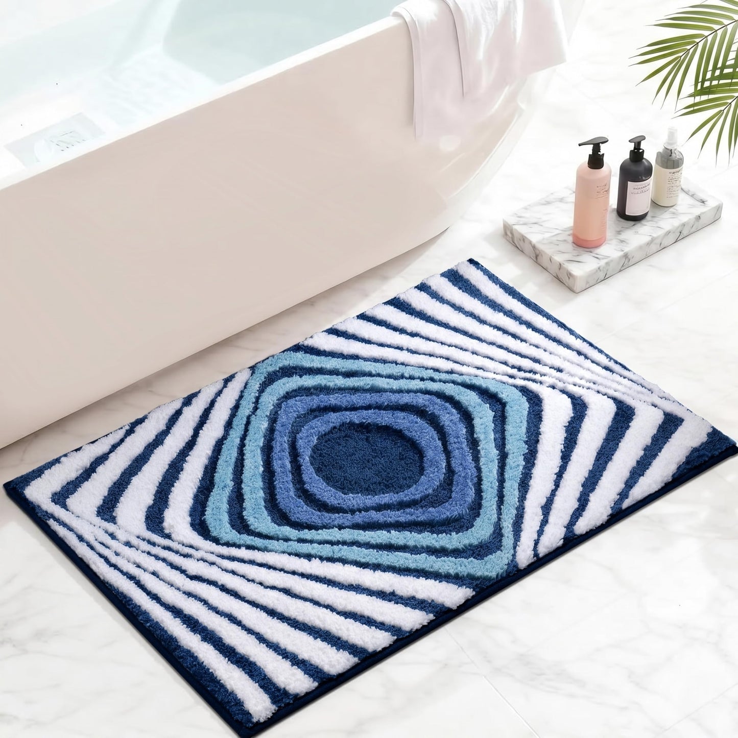 Cevolyn Funky Blue Bathroom Rug, Absorbent Non Slip High Pile Tufted Bath Mat with 3D Striped Pattern, Plush Microfiber Shower Rug for Bathroom Sink, Tub, Machine Washable, 16"x24"