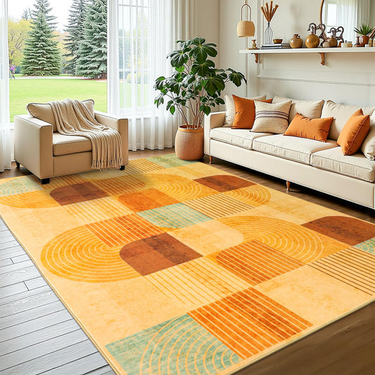 OHDS 5x7 Area Rugs for Living Room, Soft Modern Geometric Rug for Bedroom, Washable Non-Slip Indoor Floor Abstract Carpet for Dining Room Nursery Home，Multi/Orange