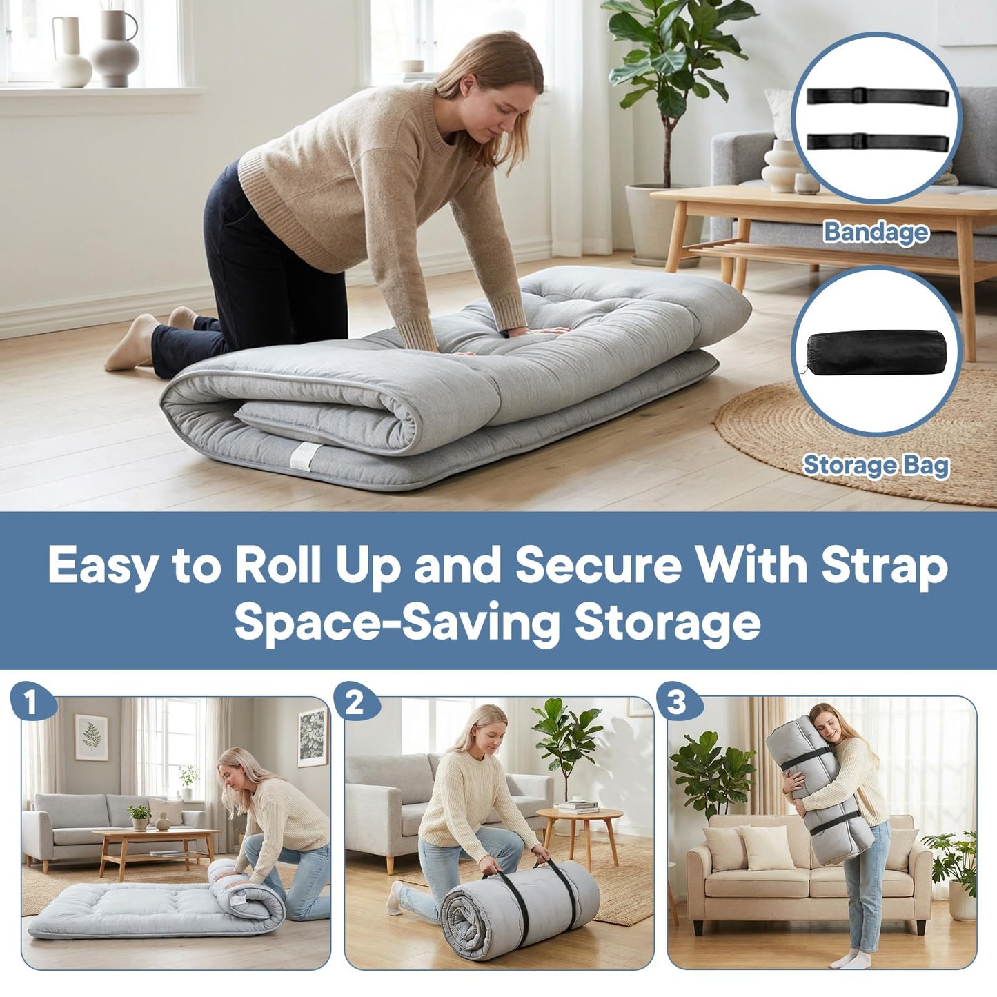 DUMOS Japanese Floor Mattress Twin Size, Futon Mattress Foldable with Removable Washable Cover, Portable Roll Up Tatami Mat for Kids Room, Dorm, Sleepovers and Solo Sleeper, Gray