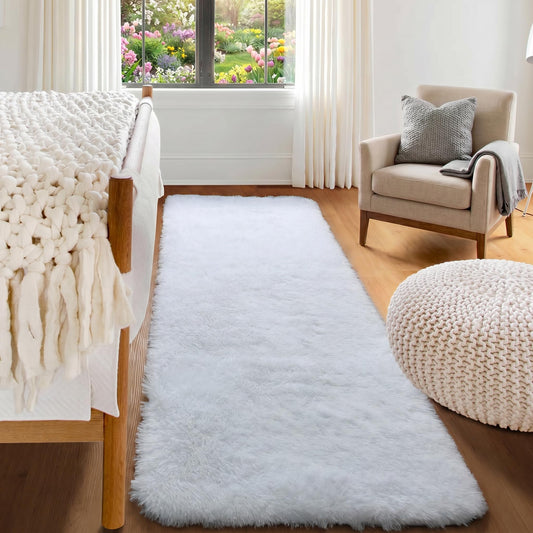 ONASAR White Runner Rugs for Bedroom Living Room, Luxury Bedside Fluffy Area Rug 2x6 Feet, Ultra Soft Plush Faux Fur Floor Throw Carpet for Hallway Nursery Kids Dorm Home Decor Aesthetic