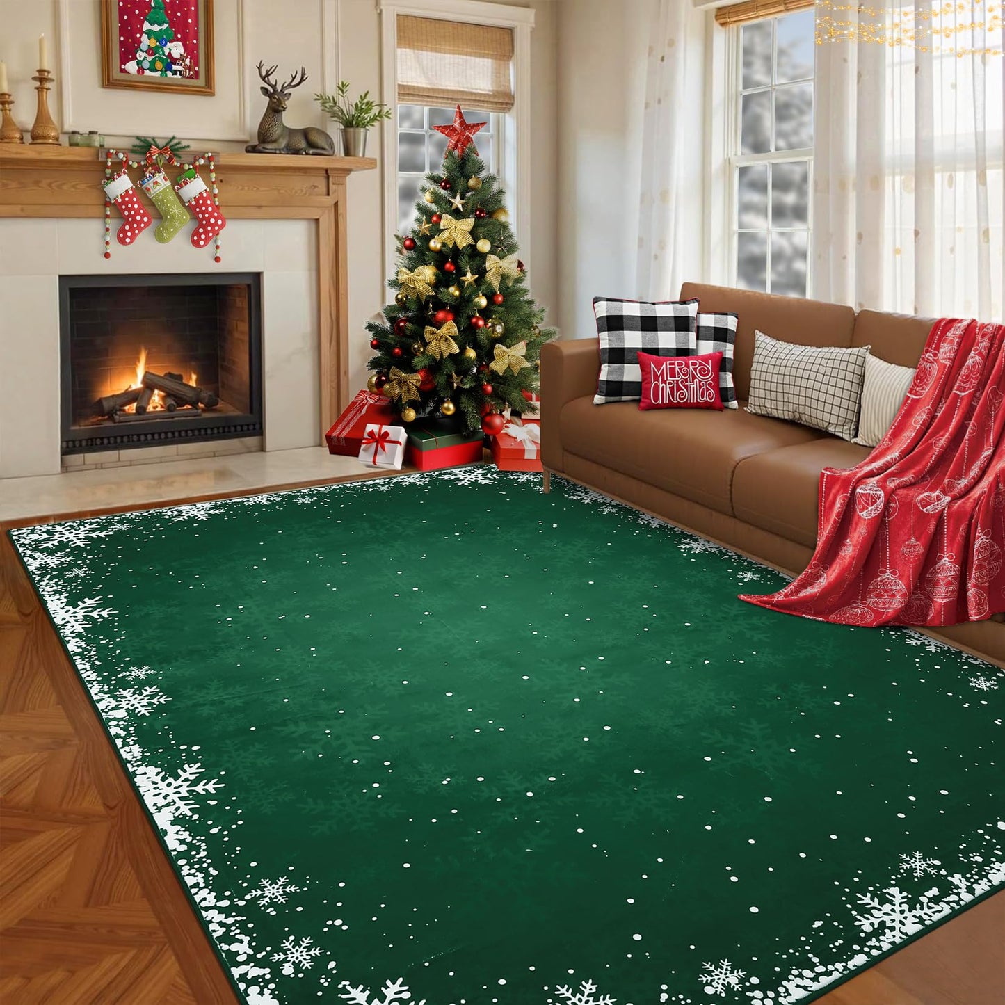 Christmas Bedroom Area Rug 4x6 Indoor Xmas Area Rugs Non-Slip Low Pile Christmas Decorative Area Rug Boho Snowflake Throw Carpet Washable Rugs for Bedroom Living Room Kitchen Nursery, Green