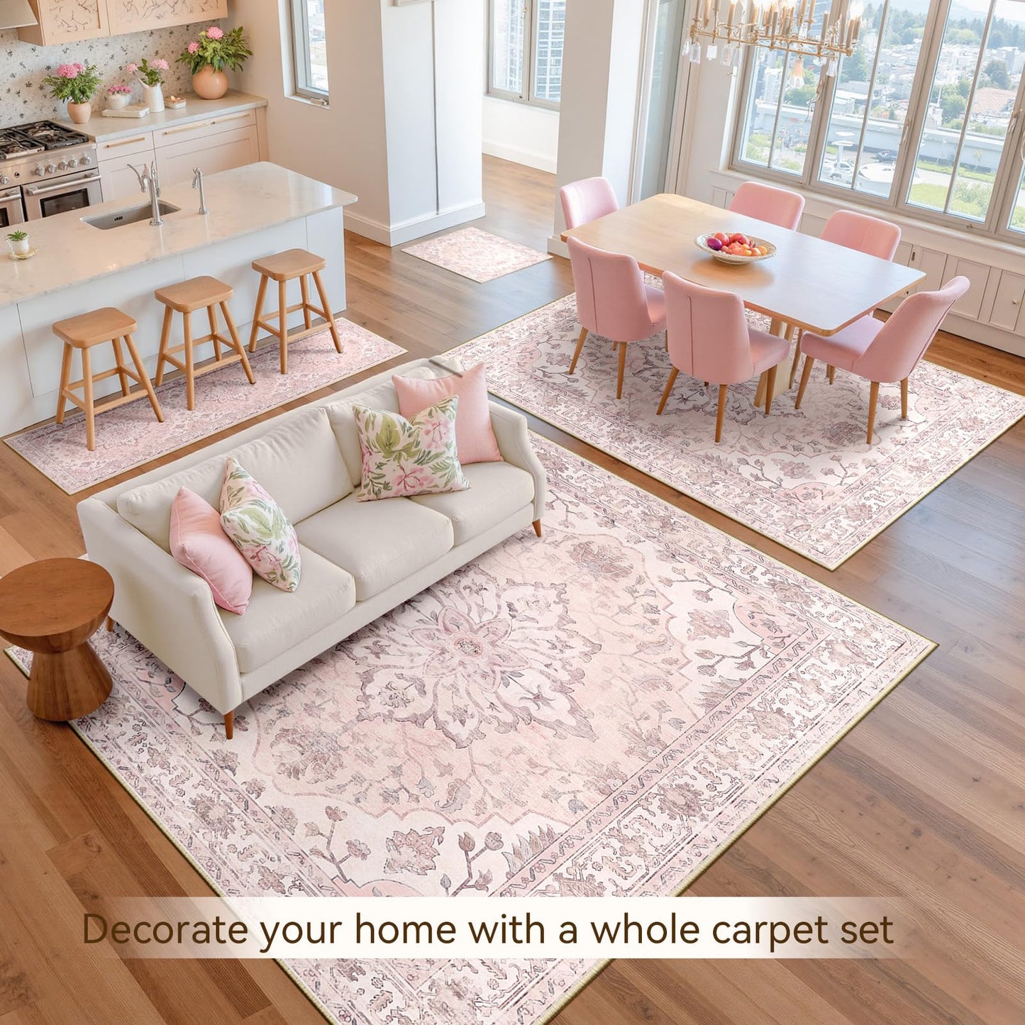 RELEANY Area Rugs 5'x7' Washable Non-Slip, Floral Vintage Distress Medallion Carpet for Living Room Bedroom Dining Room, Pink Greypink Cute