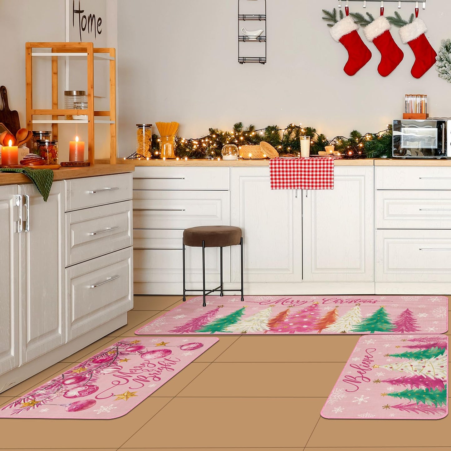 Drydiet 3 Pcs Christmas Kitchen Rug and Mat Set Washable Pink Xmas Tree Kitchen Floor Mats Waterproof Non Slip Farmhouse Merry Christmas Doormat Holiday Xmas Decor for Home Office Bathroom Party Decor