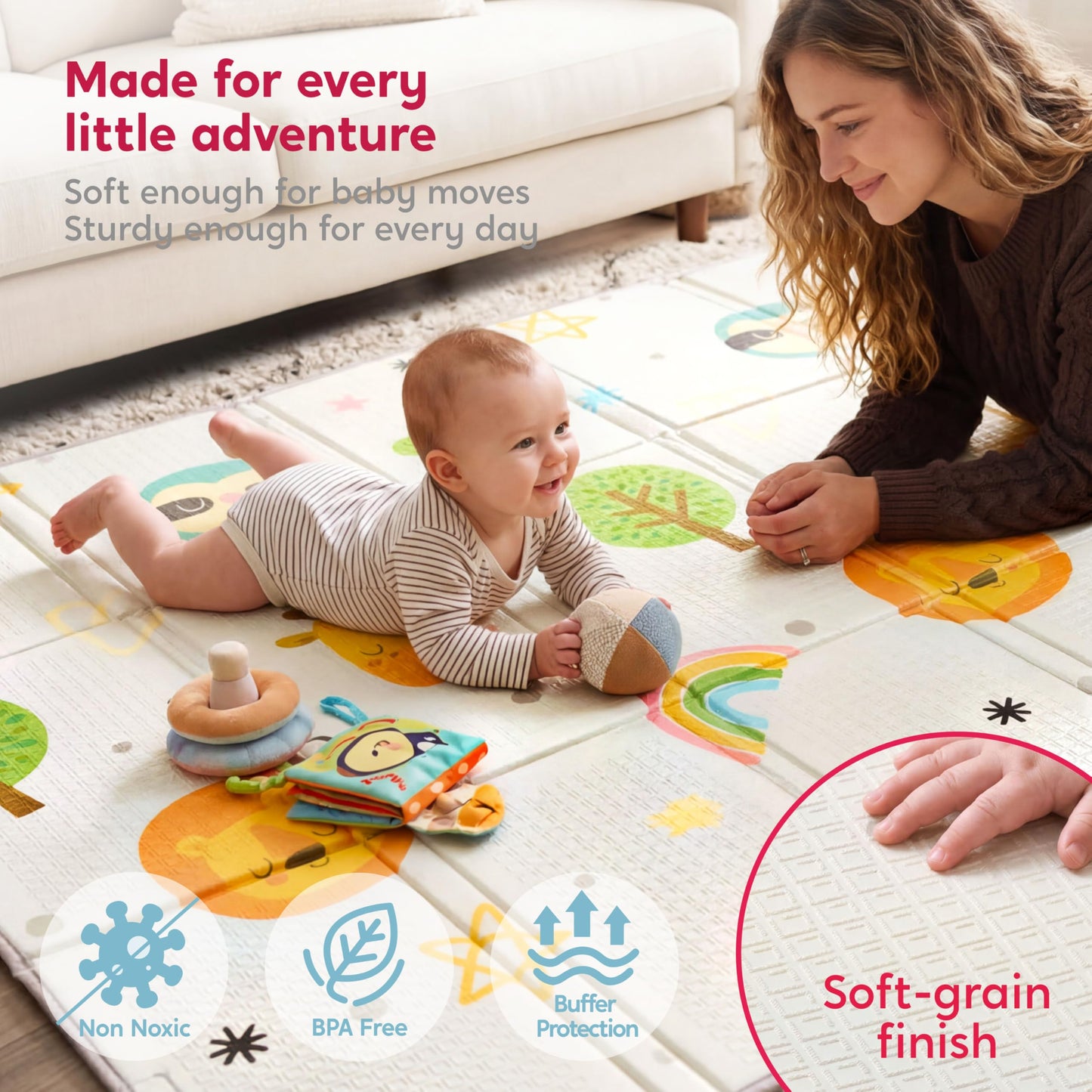 Baby Play Mat – Foldable 78"x51" XPE Foam Baby Floor Play Mat with Fabric Surface, Double-Sided Cute Print, Soft Non-Slip Tummy Time, Play Mat for Babies 0-12 Months, Nursery, Playroom, Living Room