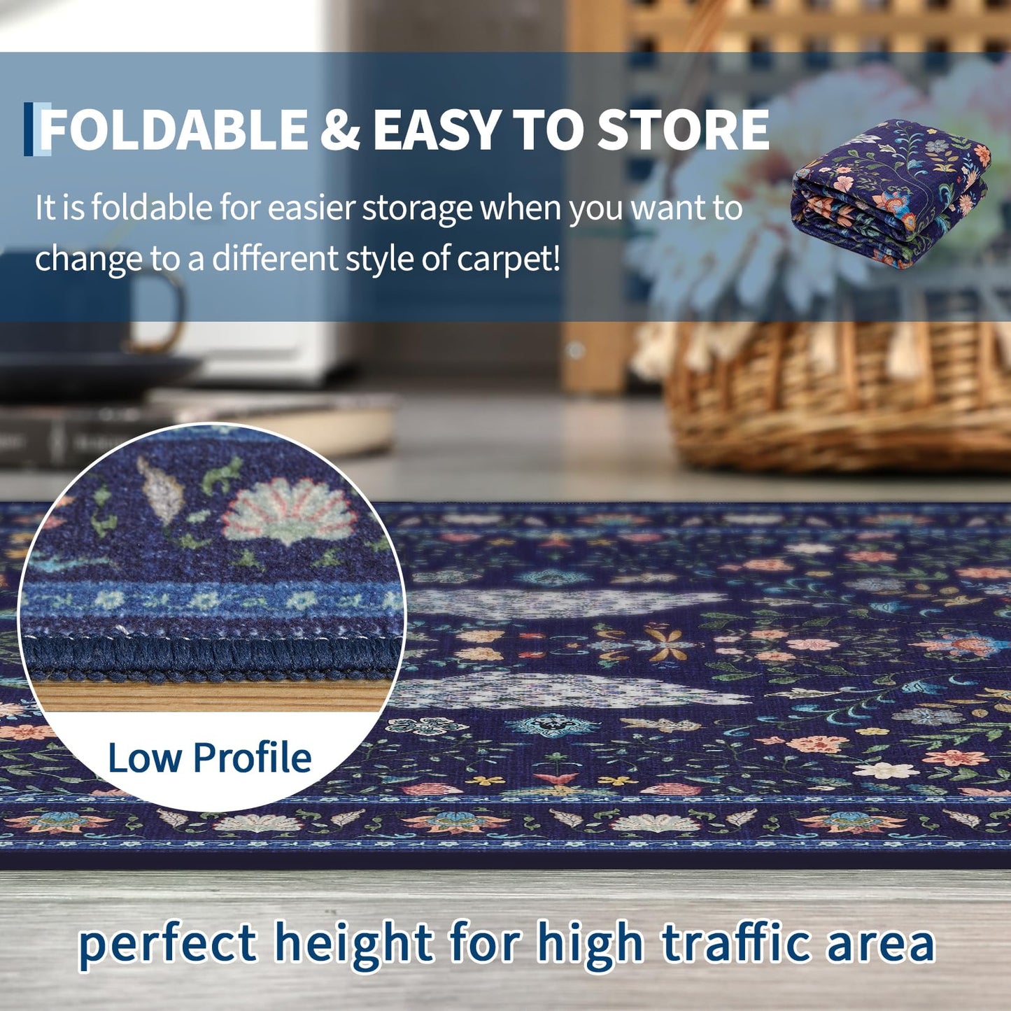 Garvee Living Room Rug 8x10 Washable Rug Floral Rugs for Bedroom Non Slip Low Pile Indoor Carpet Soft Non-Shedding Foldable Thin Mat for Bedroom Dining Room Farmhouse Kids Playroom Office Dorm Blue