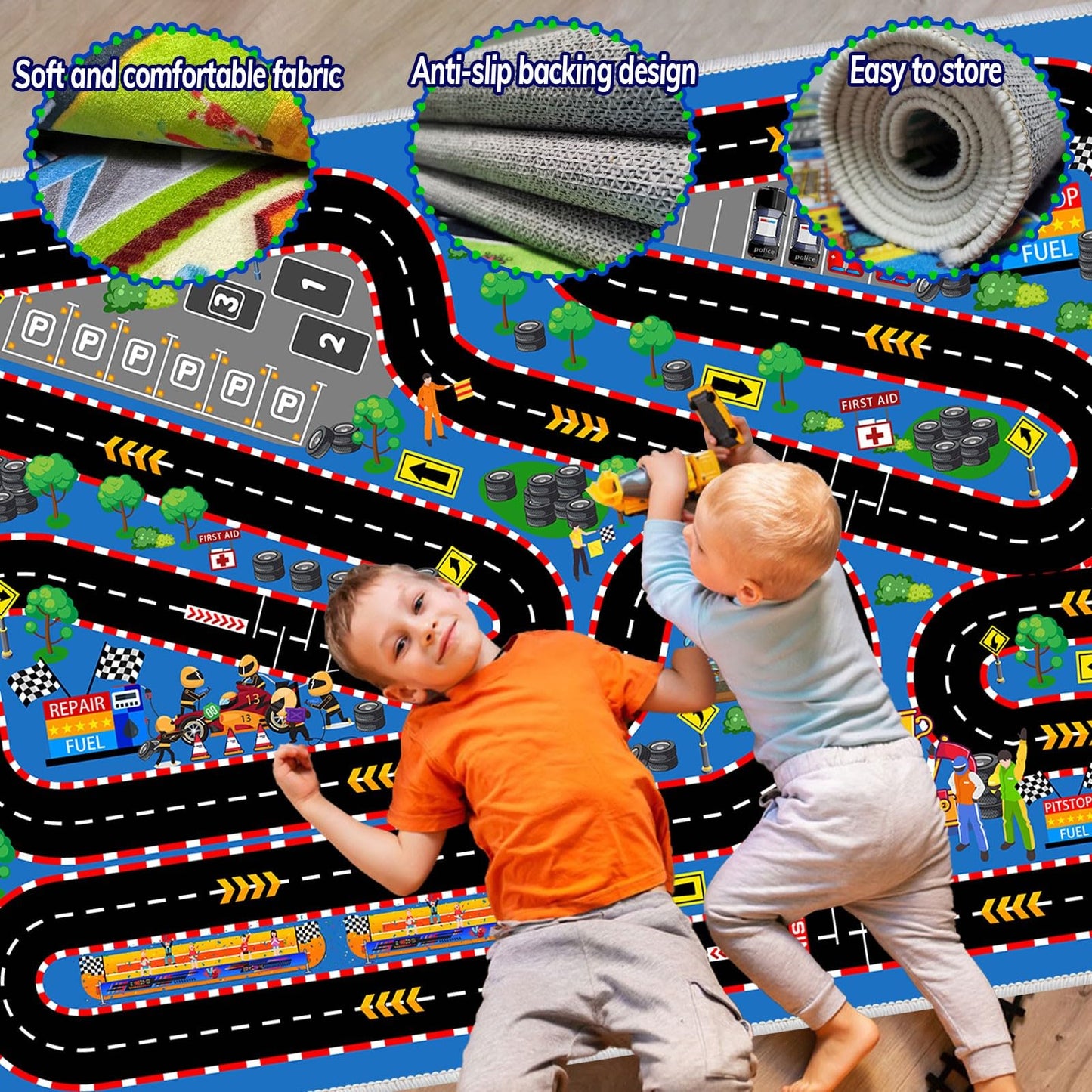 Kids Car Rug for Play Toy Cars, 39''x59'' Race Track Playmat Carpet Kid Play Road Rugs for Playroom Classroom Kids Room,Karting Road Racing Track Floor Mat Rug for Bedroom.