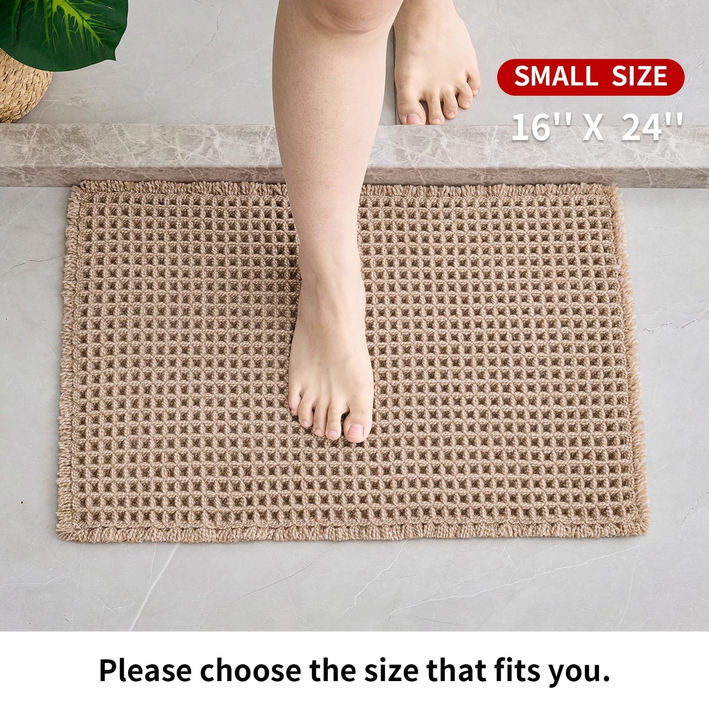 Disolla Waffle Bath Mat, Non Slip Absorbent Small Bathroom Rug, Machine Washable Quick Dry Ultra Soft Bathroom Floor Mat, Brown/White Bath Rug for Tub Shower, 17''x24''