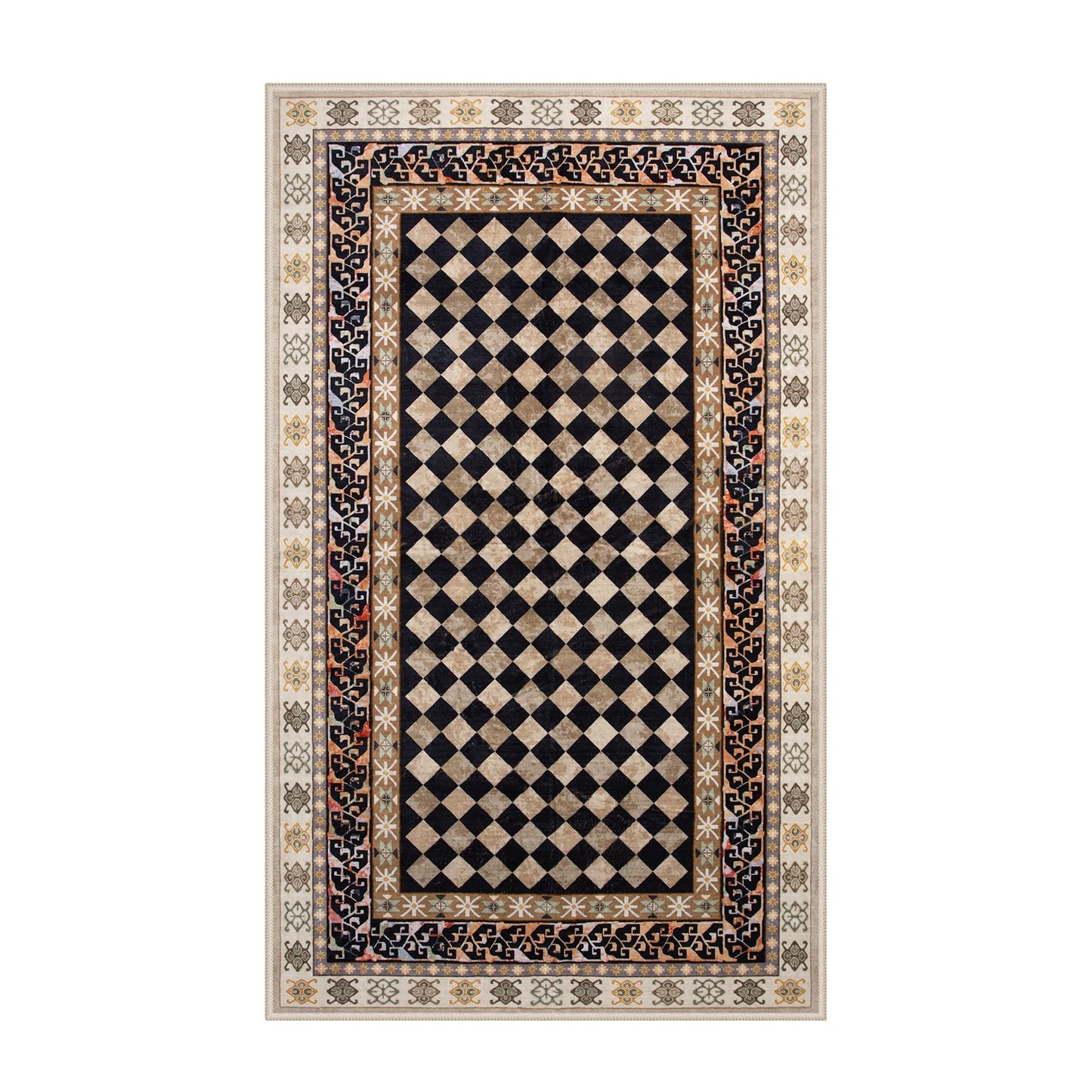 Wonnitar Washable 3x5 Checkered Kitchen Rug, Black and Brown Trellis Rugs for Bedroom, Stain Resistant Non Slip Funky Carpet Throw Rugs for Bathroom Entryway Laundry Living Room Home Decor(Black,3x5)