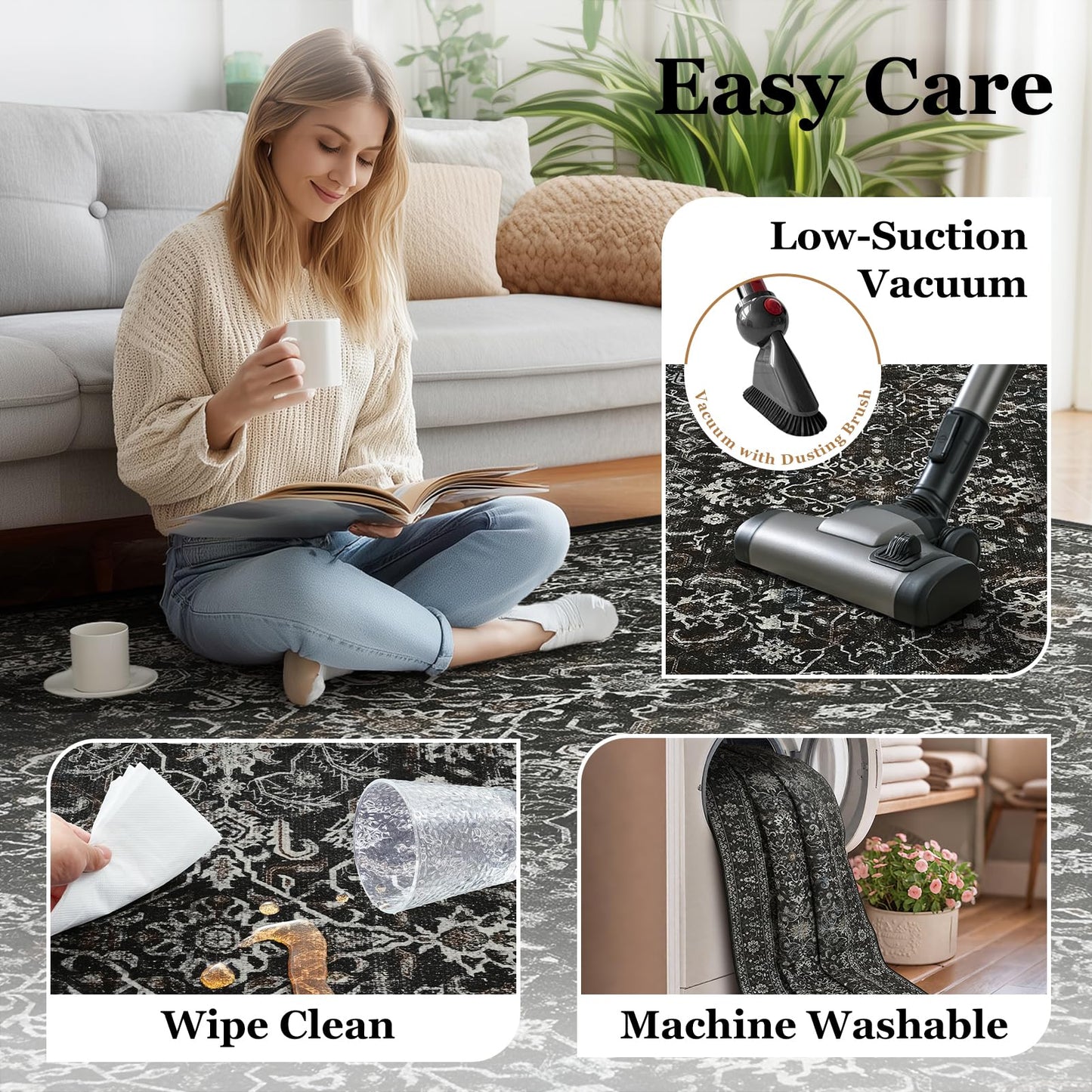 Jainmy Dark Area Rug 6x9, Vintage Earth Tone Rugs for Living Room Bedroom, Washable Non Slip Low Pile Thin Carpet Rug for Dining Room Guest Room Home Office, Farmhouse Distressed Midnight