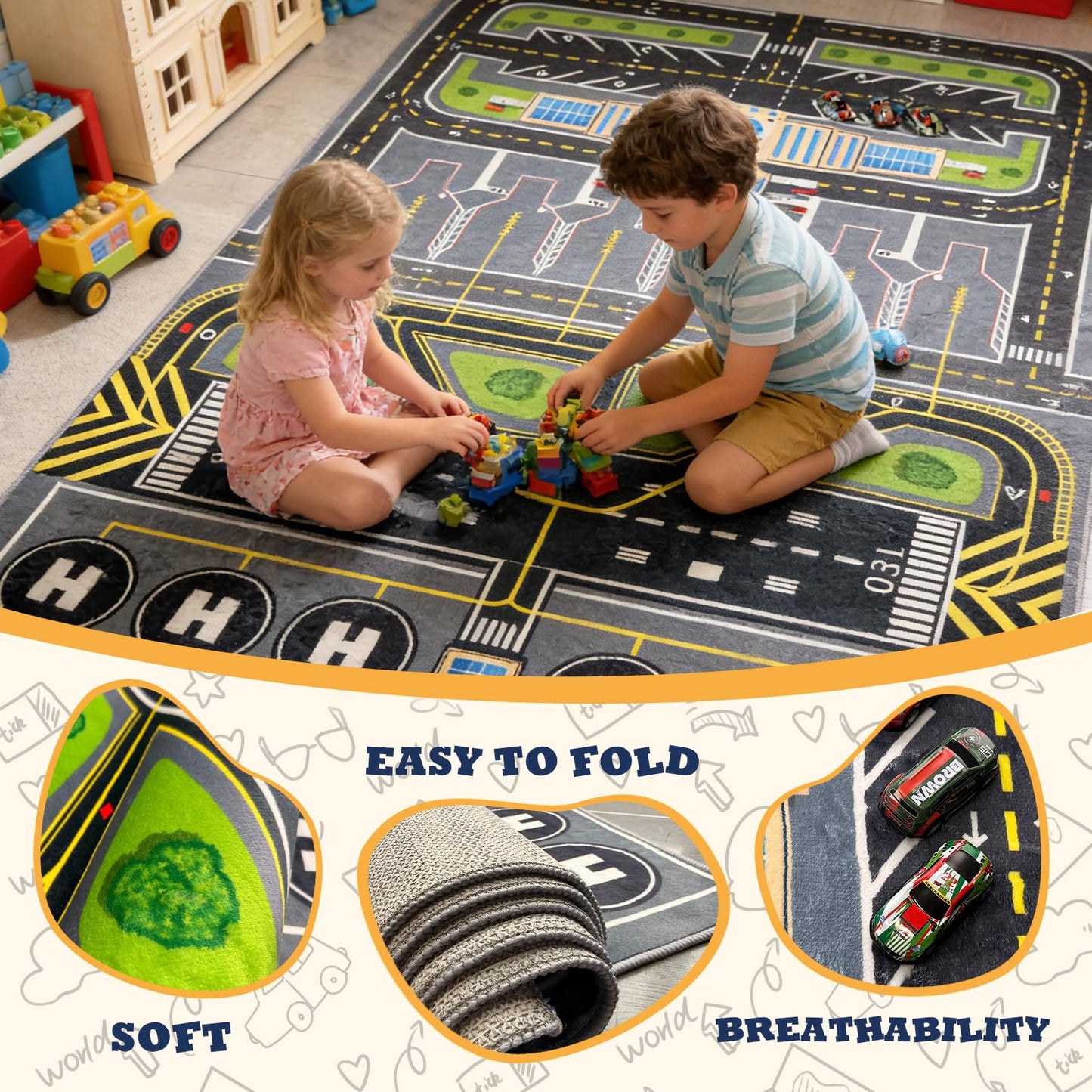 Xyrjova Play Rug for Kids Playroom 31''x47'' Airport Playmat Airplane Rug Airport Carpet with City Road Traffic System and Aircraft Runway，Non-Slip Washable Classroom Rugs Car Rugs Airports Mat