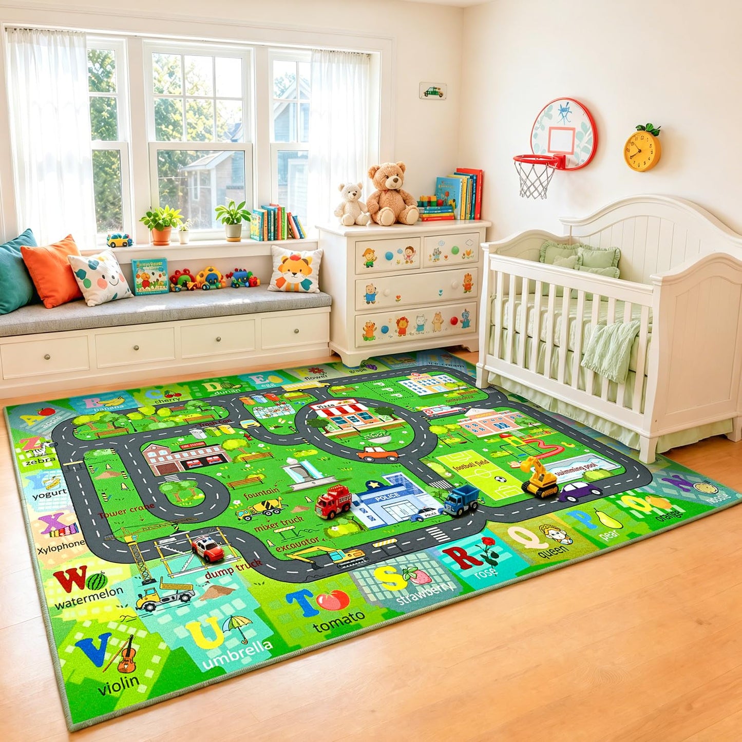 Chicrug 5x7 Car Road Area Rug for Kids Playroom Bedroom, Non Slip Low Pile Washable ABC Alphabet Carpet for Classroom, Track Play Mat for Toddler Children Nursery Baby Room Decor, Dark Green