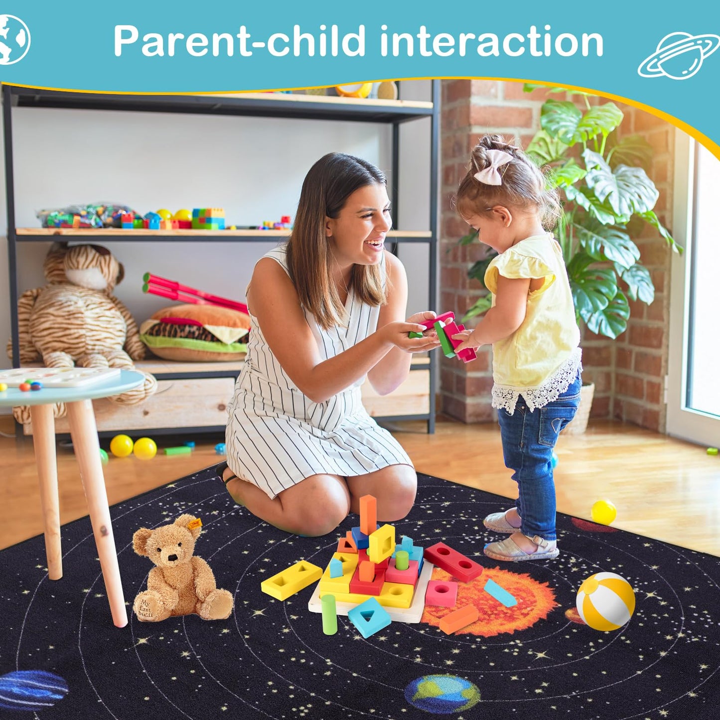 PCSWEET HOME Outer Space Kids Rug for Bedroom Educational Rug for Playroom 4' 11" x 6' 7" Washable Kids Play Mat for Living Room Large Area Rug for Living Room