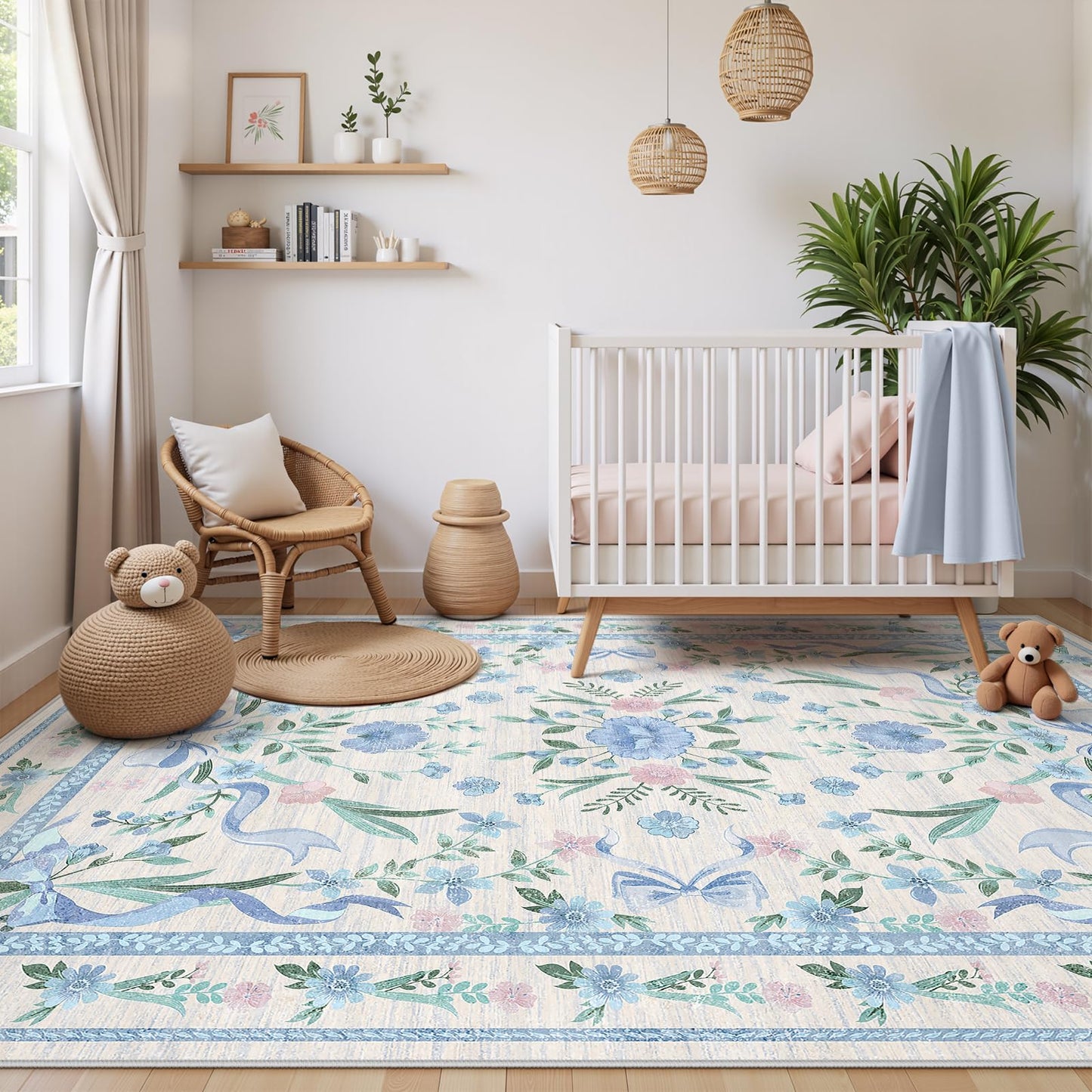 Blue Floral Rug 5x7 for Girls Bedroom or Nursery, Cute Bow Washable Area Rug, Ultra-Thin Non Slip Carpet for Kids Room, Dorm or Playroo