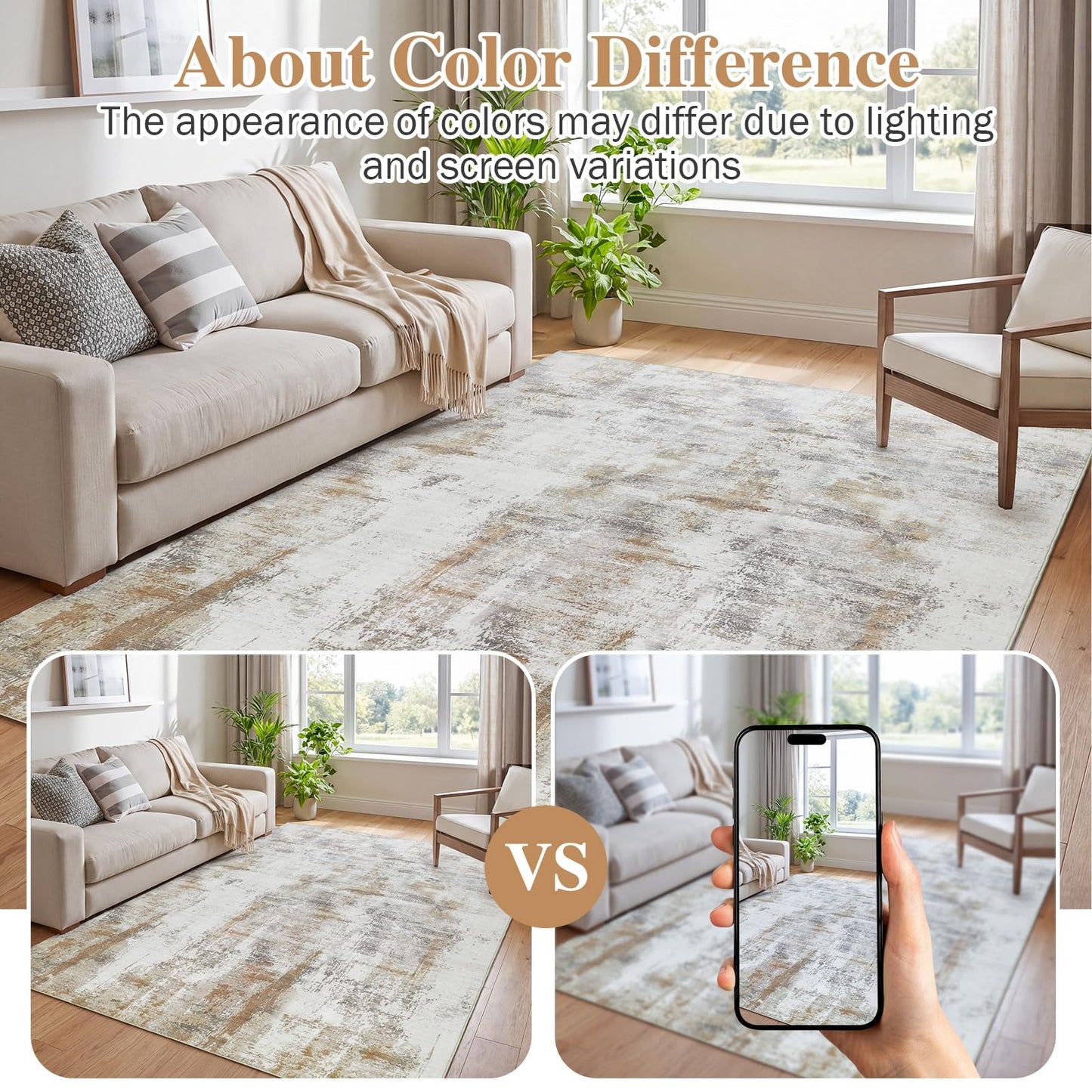 famibay 5x8 Area Rug, Abstract Washable Rugs for Living Room Low Pile Neutral Area Rug for Bedroom Aesthetic Non Slip Rubber Backed Carpet Rugs for Living Room Bedroom Dining Room(Beige/Camel)