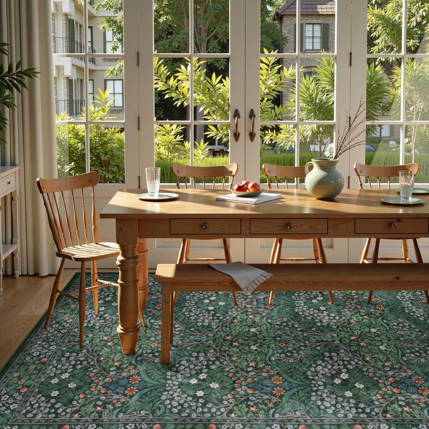 Lahome Dark Green Bedroom Rugs 5x7, Soft Washable Rugs for Dining Room, Boho Non Slip Low Pile Forest Stain Resistance Floral Carpet for Living Room Office Giverny, Dark Green