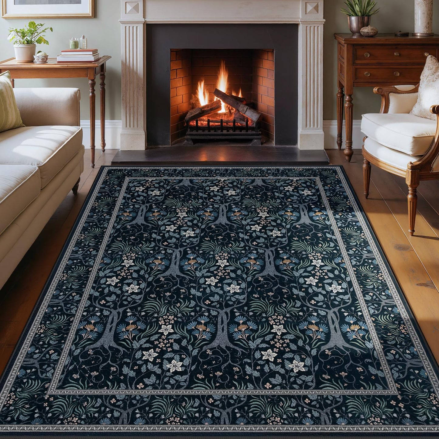 Joydeco Machine Washable Area Rugs 5x7, Boho Floral Rug for Bedroom Non Slip, Soft Forest Botanical Low-Pile Floor Indoor Throw Carpet for Living Dining Room Dorm Office, Blue-Black