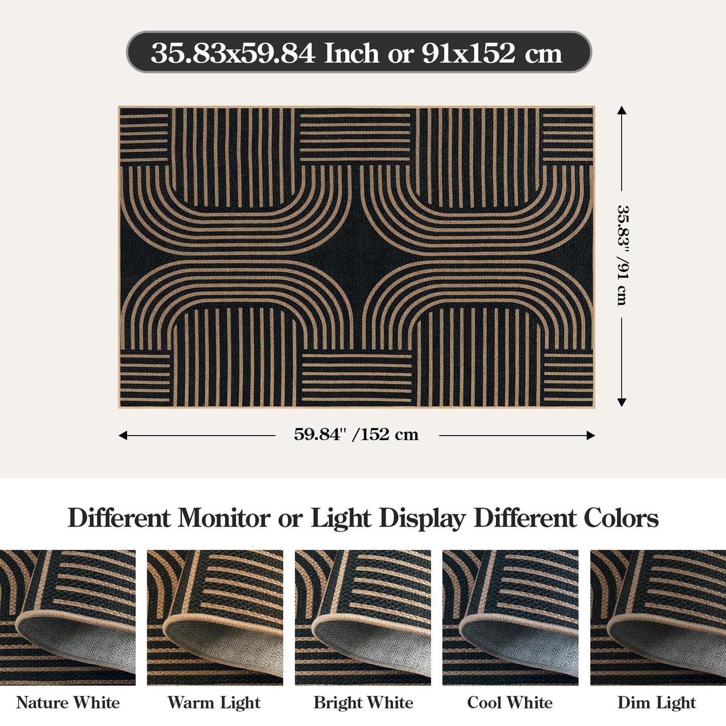 Lahome Enfys Modern Geometric Outdoor Easy Jute Rug, 3x5 Indoor Outdoor Rugs for Entryway Black Living Room Carpet, Farmhouse Washable Non Slip Carpet for Patio Courtyard Bedroom