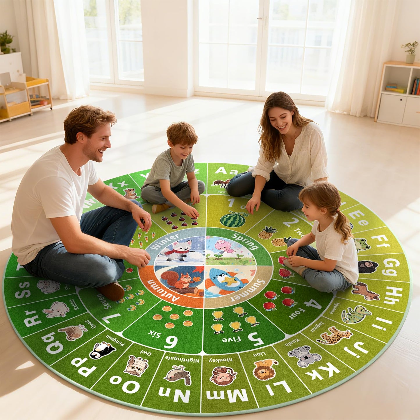 Kids Educational Area Rug for Playroom, 47x47'' Round ABC Alphabet Animals Fruits & Seasons Learning Rug,Non-Slip Soft Toddler Play Mat for Nursery Bedroom Classroom Kids Room Decor Washable Carpet
