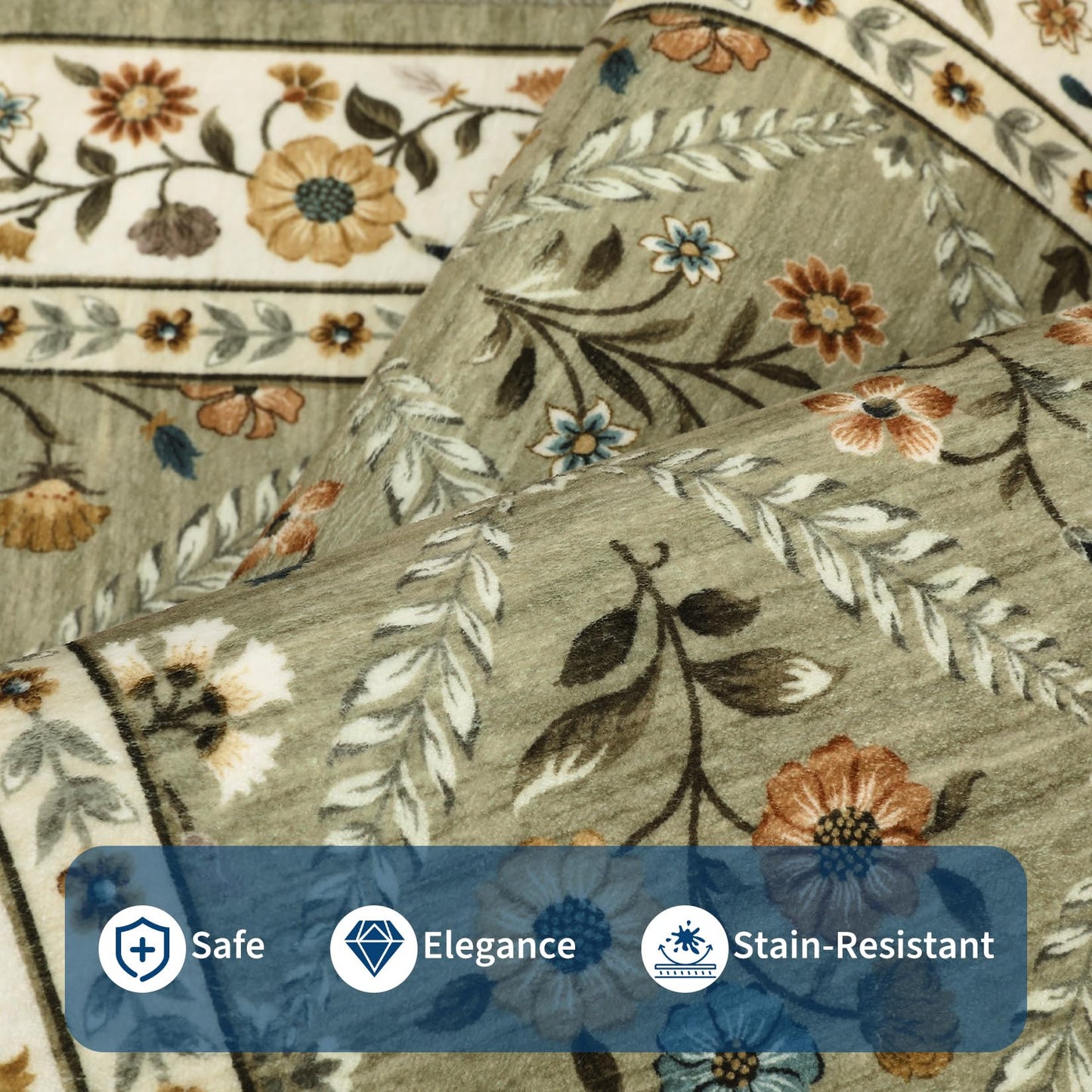 GarveeHome Living Room Rug 5x7 Rug Machine Washable Stain Resistant Area Rug Non Slip Floral Vintage Low Pile Rugs for Living Room, Bedroom, Farmhouse, Dining Room, Kids PlayroomGreen