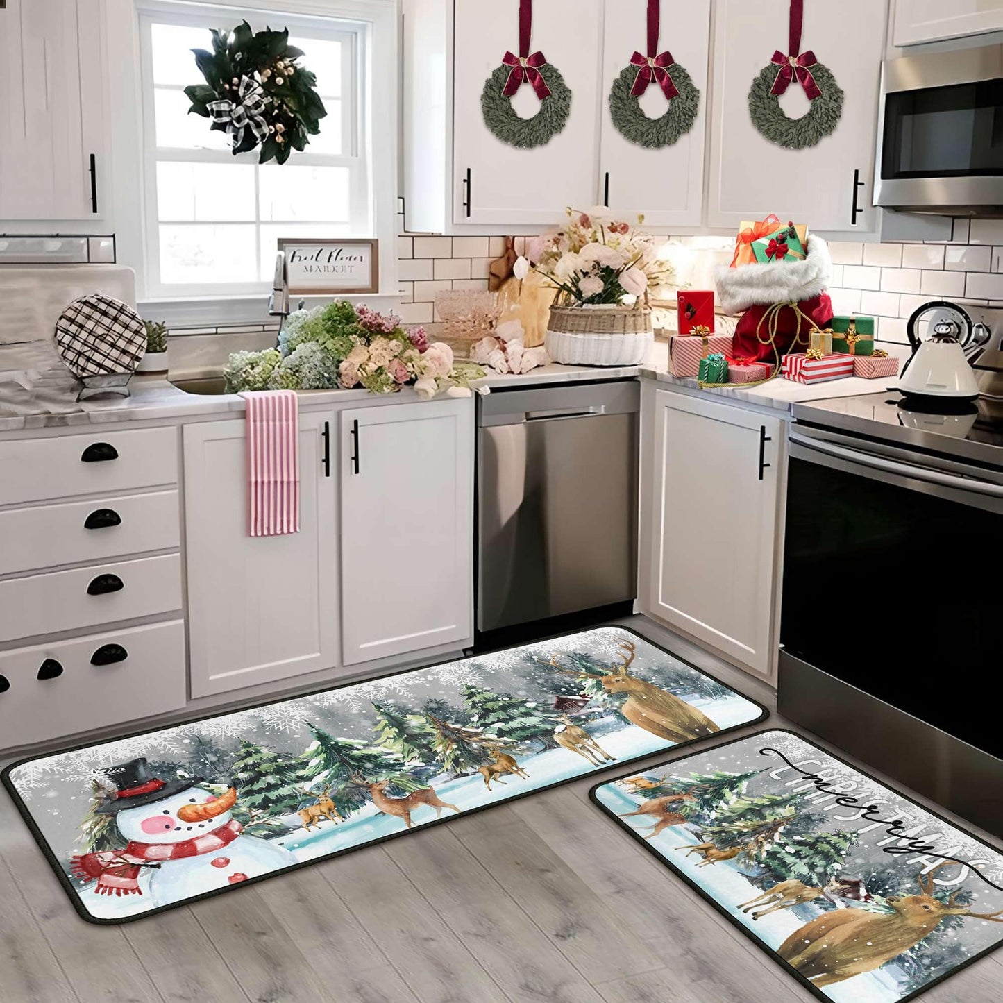 Christmas Kitchen Rugs and Mats Set of 2, Xmas Decor Non Slip Backing Xmas Trees Rug Winter Holiday Kitchen Rug Christmas Decorations for Home Low-Profile Kitchen Floor Mat 17"X47"+17"X30"