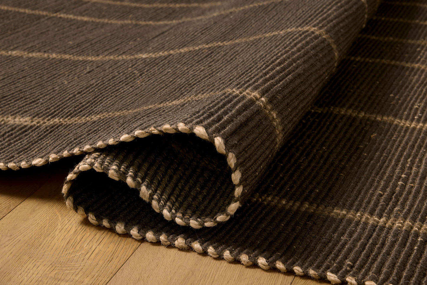 Loloi Leanne Ford Weatherstaff Collection WTS-01 Espresso/Natural 2'-6" x 7'-6" Runner Rug Jute, Striped, Neutral, Hallway, Kitchen, Mudroom, and Bathroom