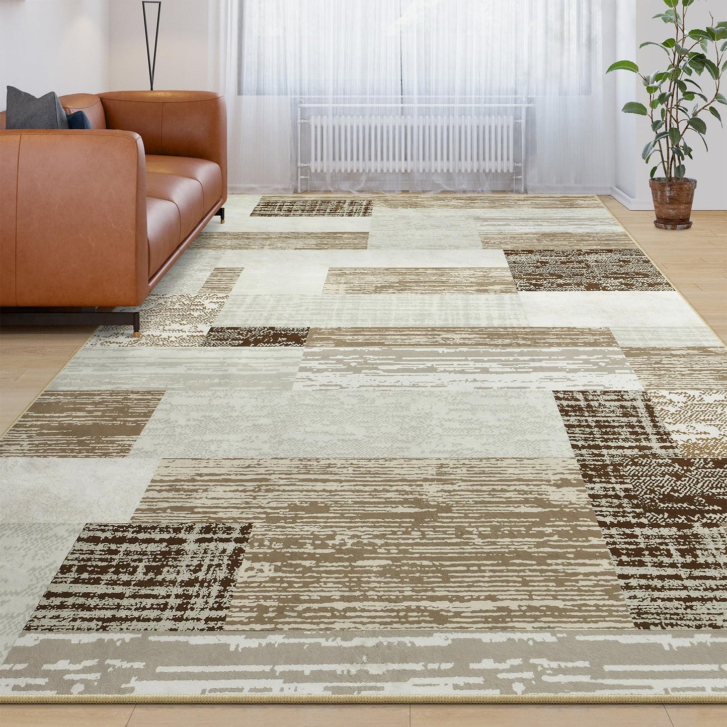 Large Area Rugs,Modern Geometric Patchwork Floor Decor for Bedroom Aesthetic Carpet, Rockwood Collection, Indoor Rugs for Living Room, Dining Room, Nursery, Office, Machine Washable Rug,5x8 Ft Beige