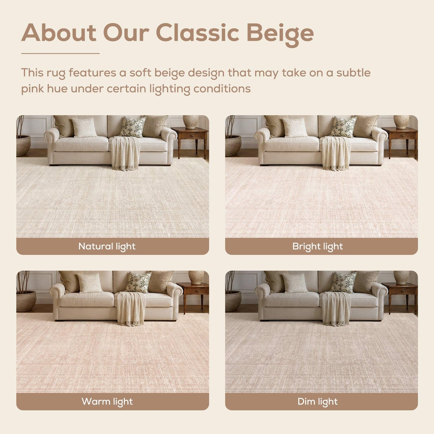 Nakagishi 10x14 Area Rugs Living Room: Washable Large Vintage Rug Neutral Non-Slip Soft Stain Resistant Indoor Carpet for Bedroom Nursery Dining Room Office Playroom - Beige