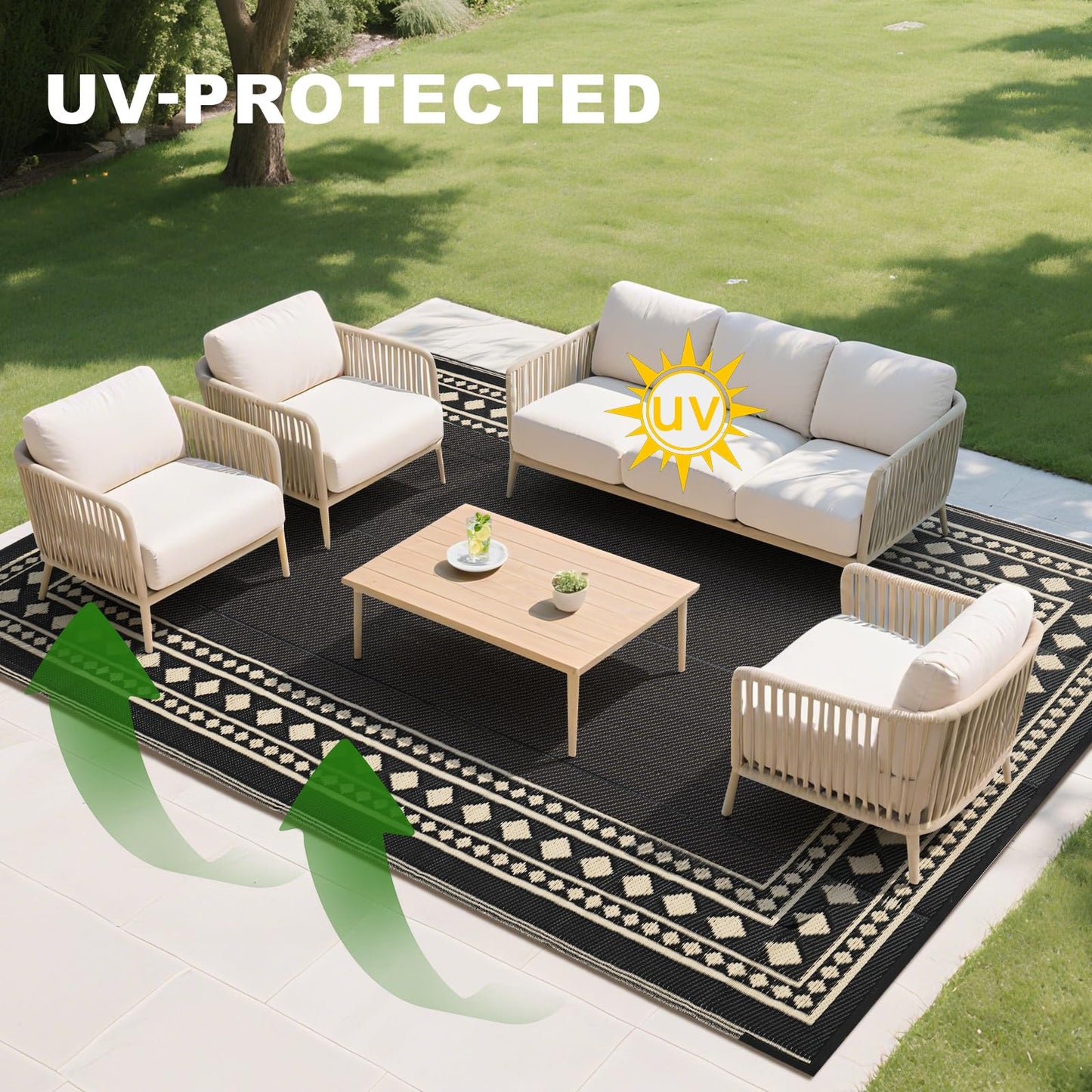 RURALITY Outdoor Rugs 6x9 Waterproof for Patios Clearance,Plastic Straw Mats for Backyard,Porch,Deck,Balcony,Black and Beige