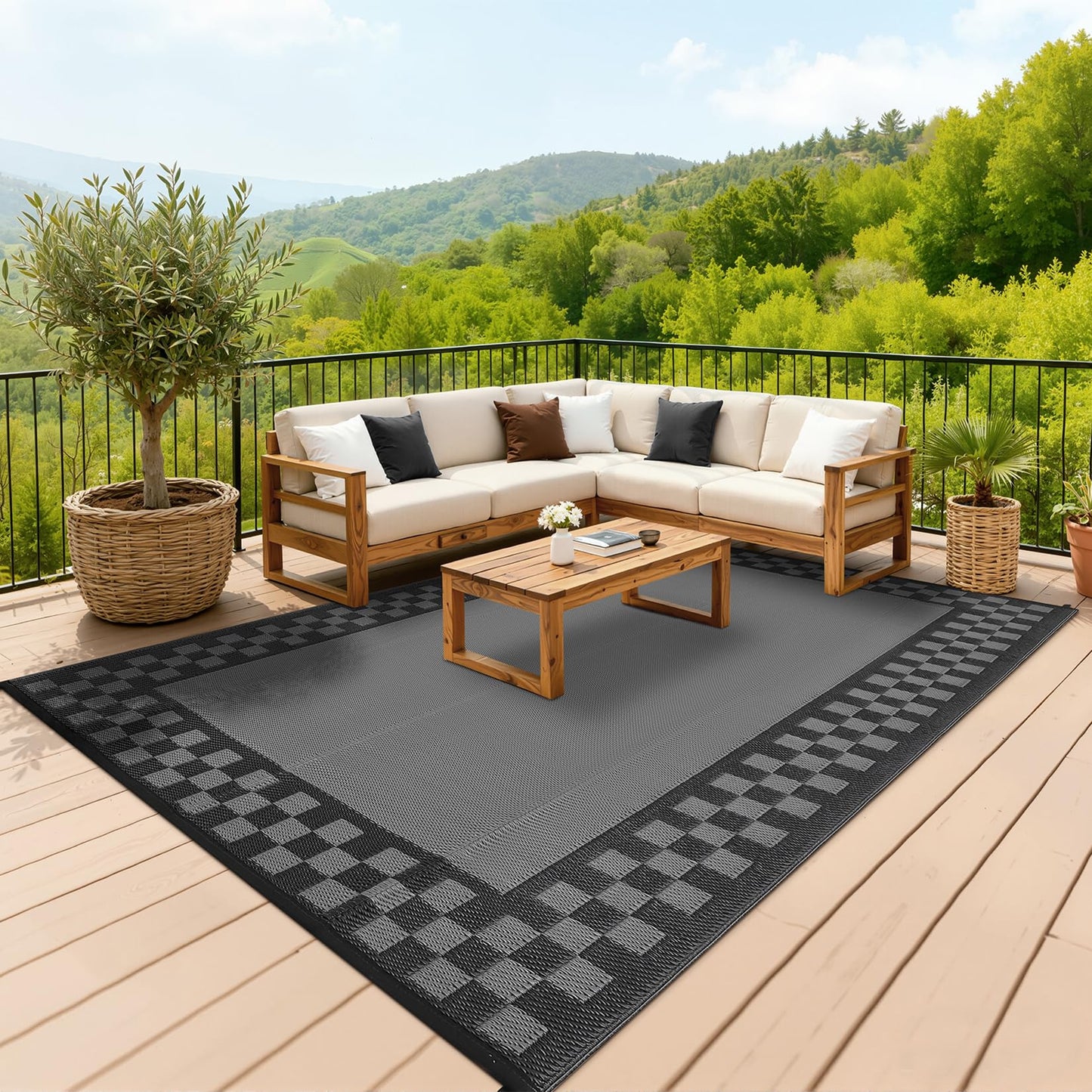 9x12 Outdoor Rug Waterproof Foldable Plastic Straw Carpet for Patio Porch Modern Checkered Reversible Mat Lightweight Floor Mat for Picnic, Backyard, Rv, Beach, Deck, Camper, Balcony, Grey
