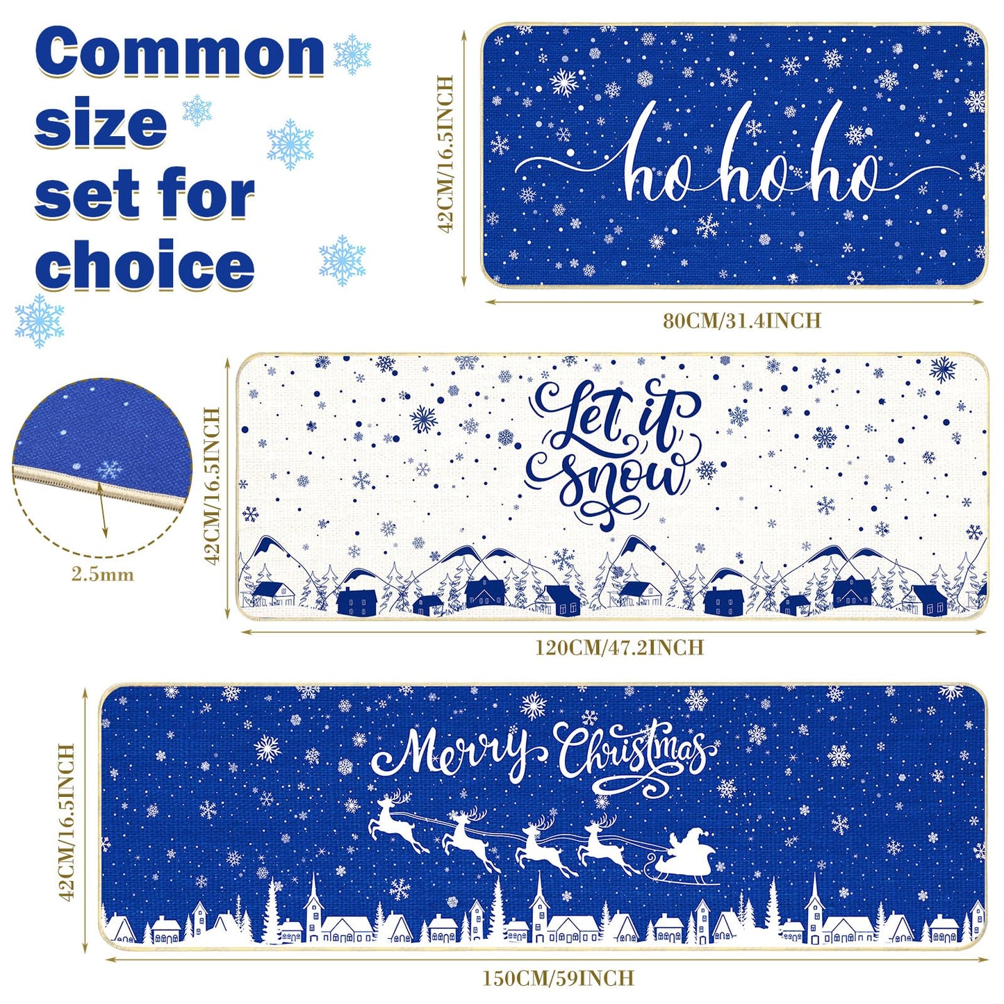 Tinideya 3 Pcs Navy Blue Merry Christmas Snowflakes Kitchen Rugs HOHOHO Let It Snow Blue Kitchen Mats Santa Christmas Decorations Village Indoor Floor Mat for Home Bathroom Decor 16.5 x 31/47/ 59 Inch