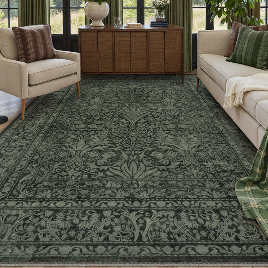 Lahome Floral Washable 8x10 Rugs for Living Room, Green Boho Bedroom Office Rug, Vintage Non Slip Non Shedding Stain Resistant Floor Carpet for Dining Room Home Decor