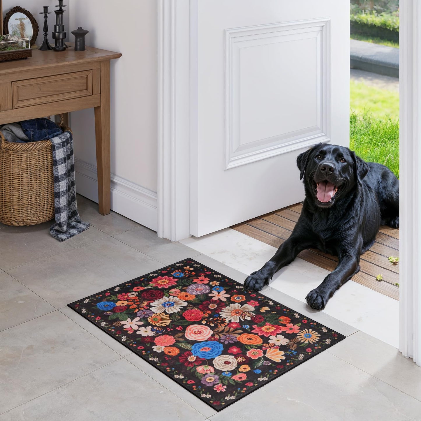 Espresso (Black Brown) 24x17 Inch Home Decor Entry Rug, Small Door Mat Bath Mats for Bathroom, Ultra-Thin Non Slip Floral Low Pile Tub Mat for Sink Shower Doorway Tub Kitchen (2 x 1.4 ft, Espresso)