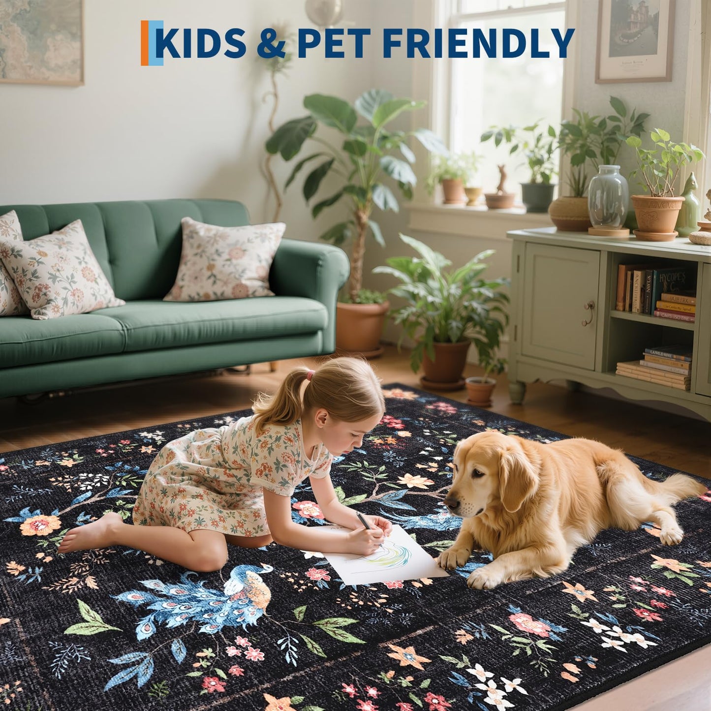 GarveeHome 5x7 Area Rug Floral Peacock Black Washable Rugs for Living Room Bedroom, Soft Low Pile Non Slip Accent Floor Mat Animal Print Throw Rug Indoor Carpet Dining Room Playroom