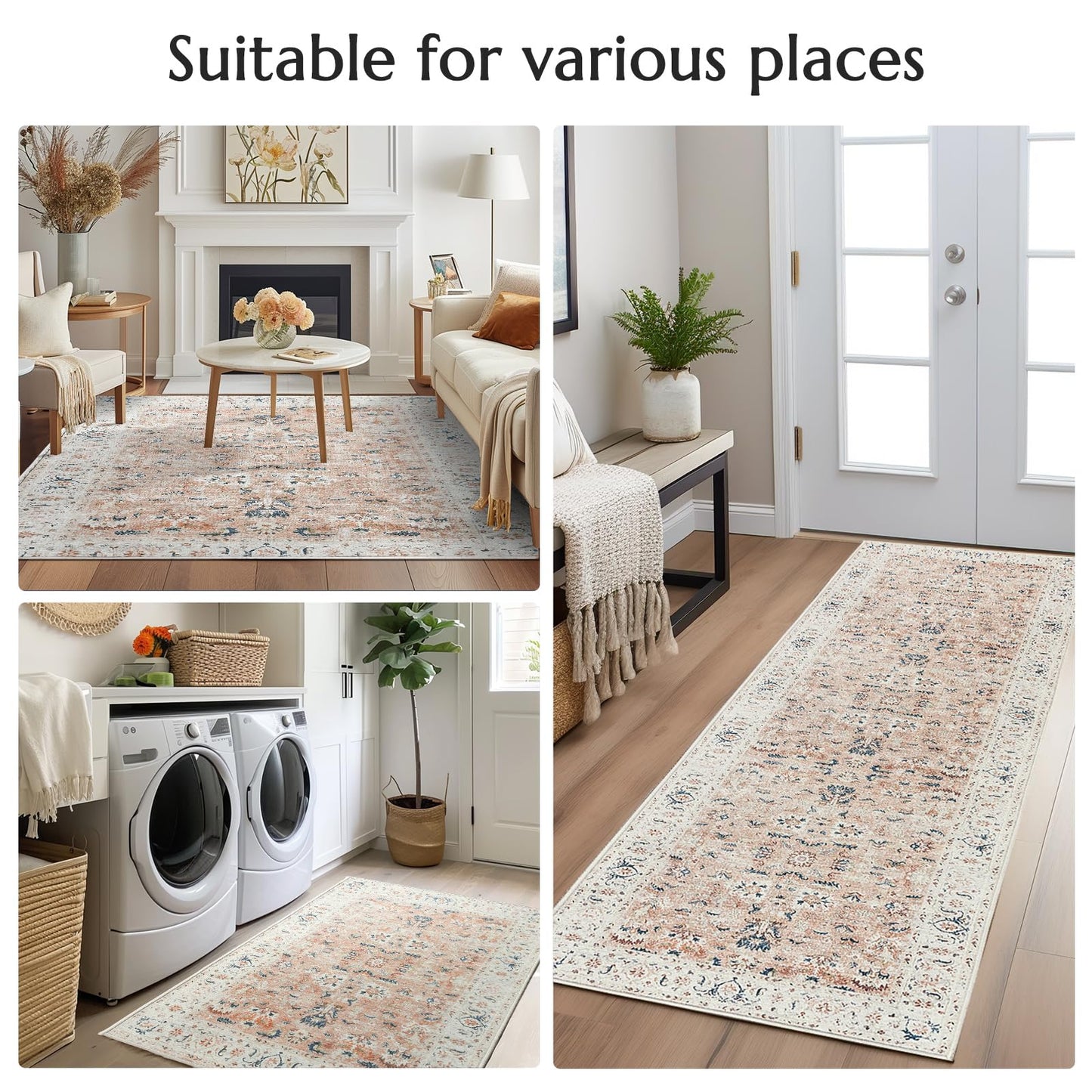 jinchan Runner Rug 2x5 - Hallway Rug Kitchen Washable Runner Vintage Floral Boho Lightweight Thin Non-Slip Retro Distressed Carpet for Entryway Bathroom Bedroom Laundry Room Pink Blush