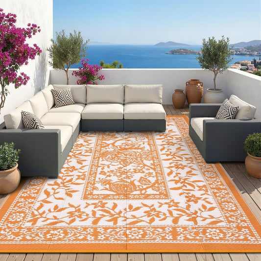 Garvee Outdoor Rug 8x10, Waterproof Reversible Foldable Plastic Straw Rug, Botanical cottagecore Outdoor Rugs Patio Camping RV Carpet for Deck Camper Porch Balcony Backyard Picnic Beach Orange