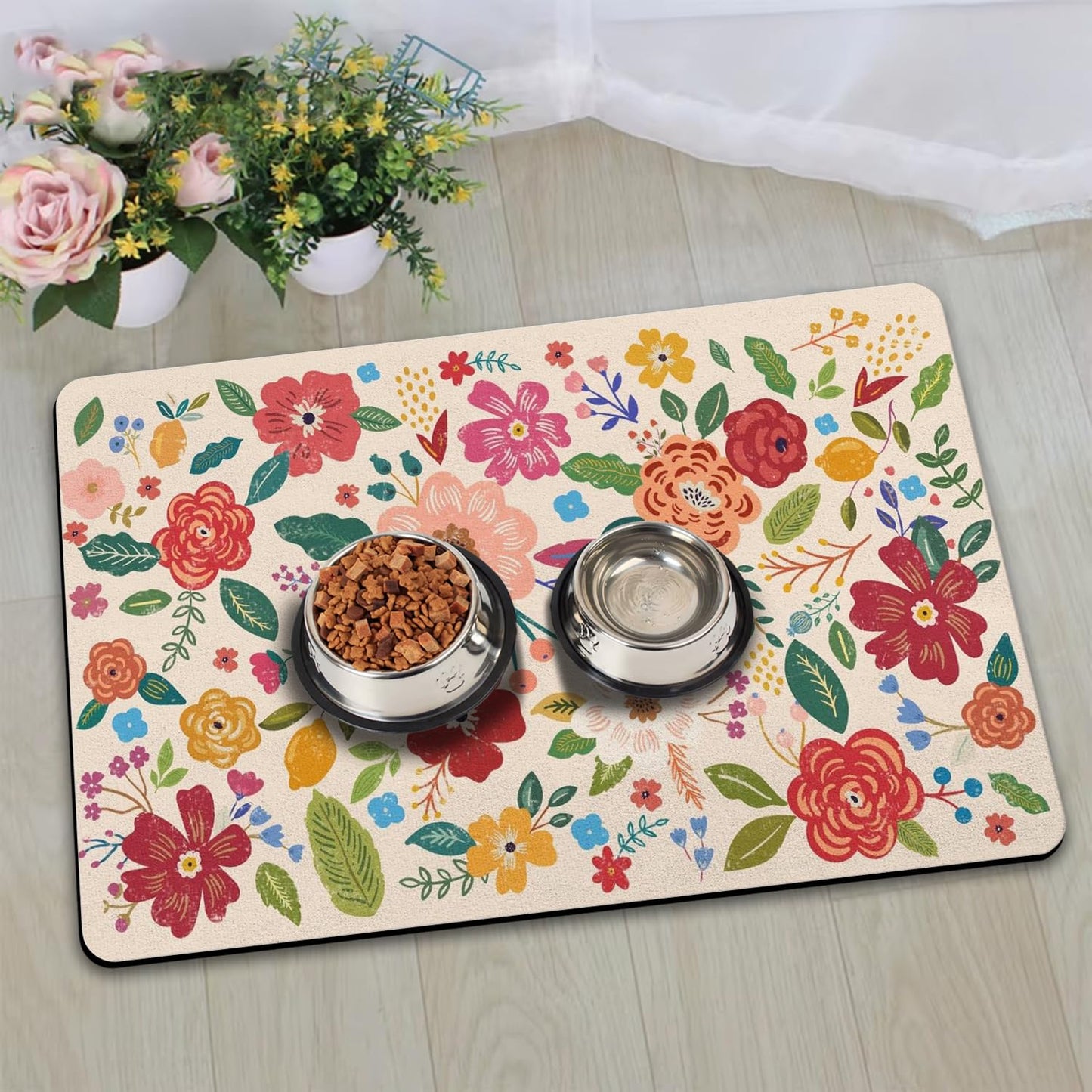 Dog Food Mat for Floors, Absorbent and Quick-Drying Pet Cat Food Mat,Anti-Fouling and Easy-to-Clean Pet Feeding Mat,Dog Bowl Mats for Messy Drinking Water Bowls.17x27inch Floral White