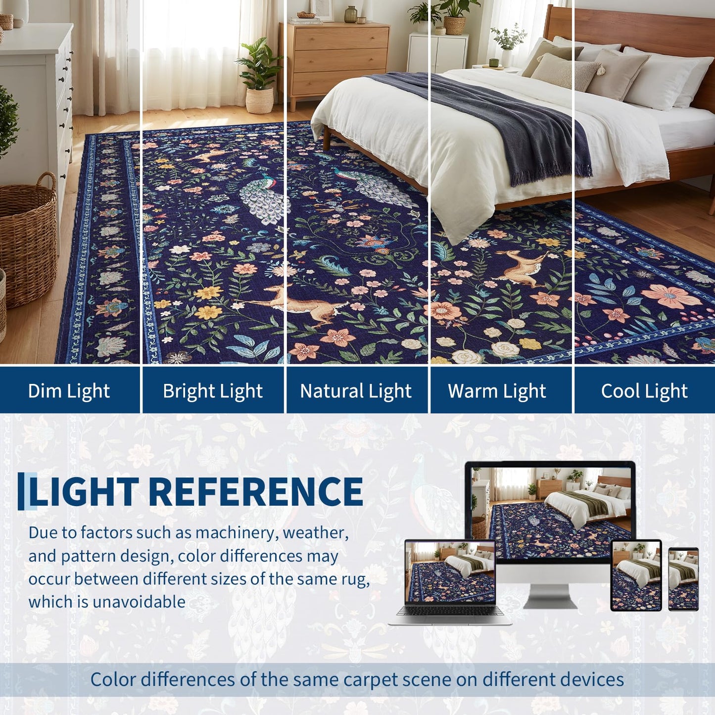 Garvee Living Room Rug 8x10 Washable Rug Floral Rugs for Bedroom Non Slip Low Pile Indoor Carpet Soft Non-Shedding Foldable Thin Mat for Bedroom Dining Room Farmhouse Kids Playroom Office Dorm Blue